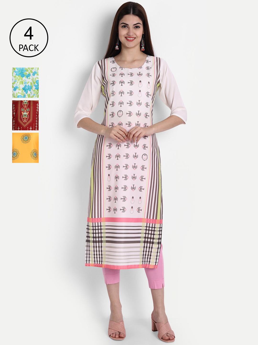 

7Threads Women Pack Of 4 Digital Print Straight Crepe Kurta, Multi