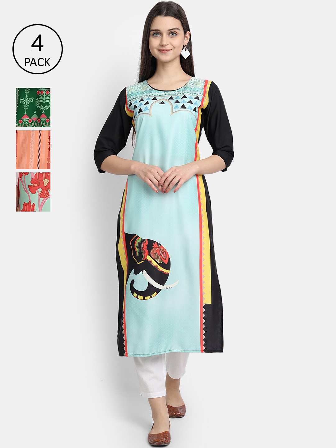 

7Threads Women Pack Of 4 Digital Print Straight Crepe Kurta, Multi