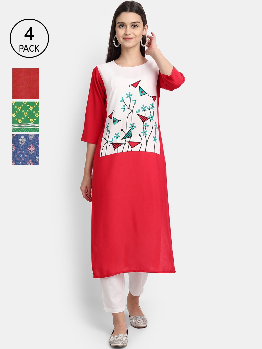 

7Threads Women Pack Of 4 Kurtas, Red