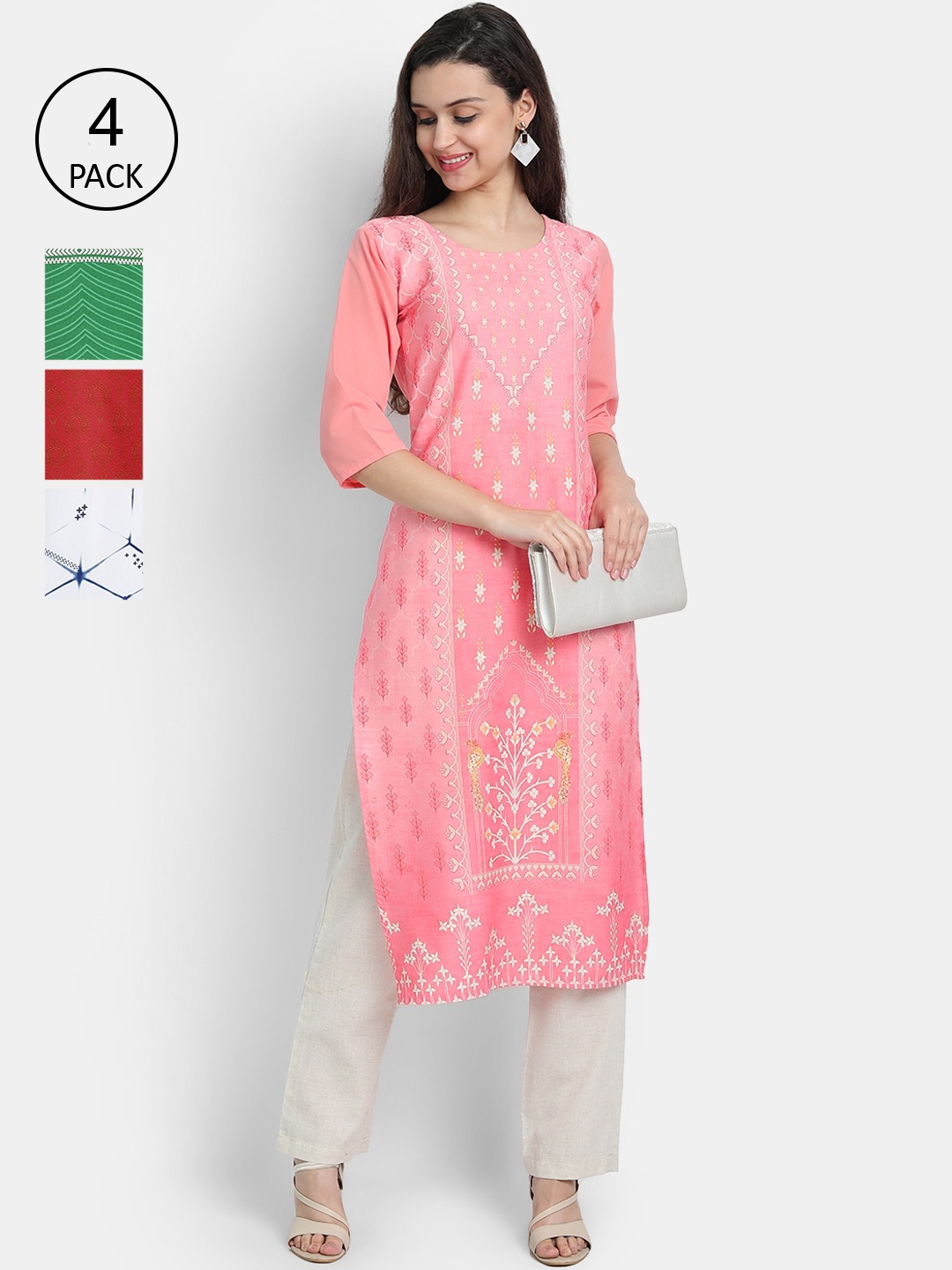 

7Threads Women Pack Of 4 Digital Print Straight Crepe Kurta, Multi