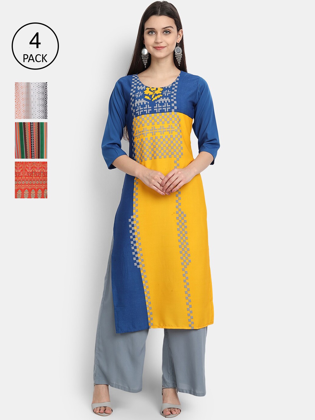 

7Threads Women Pack Of 4 Kurtas, Yellow