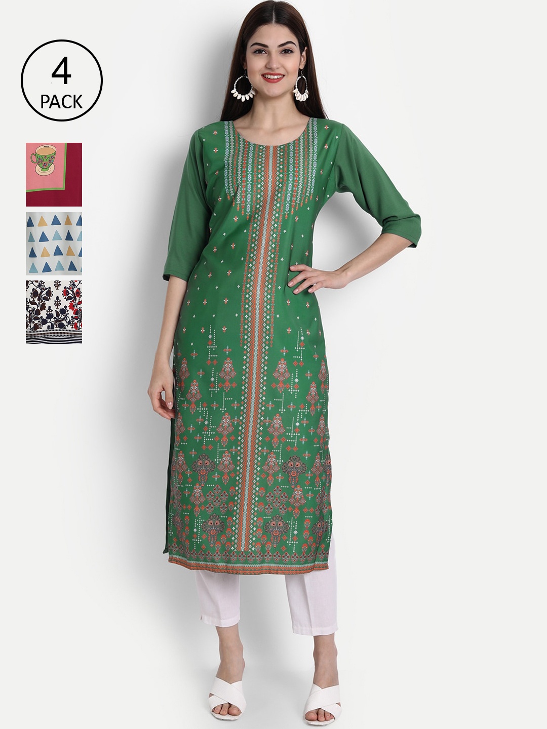 

7Threads Women Pack Of 4 Digital Print Straight Crepe Kurta, Multi