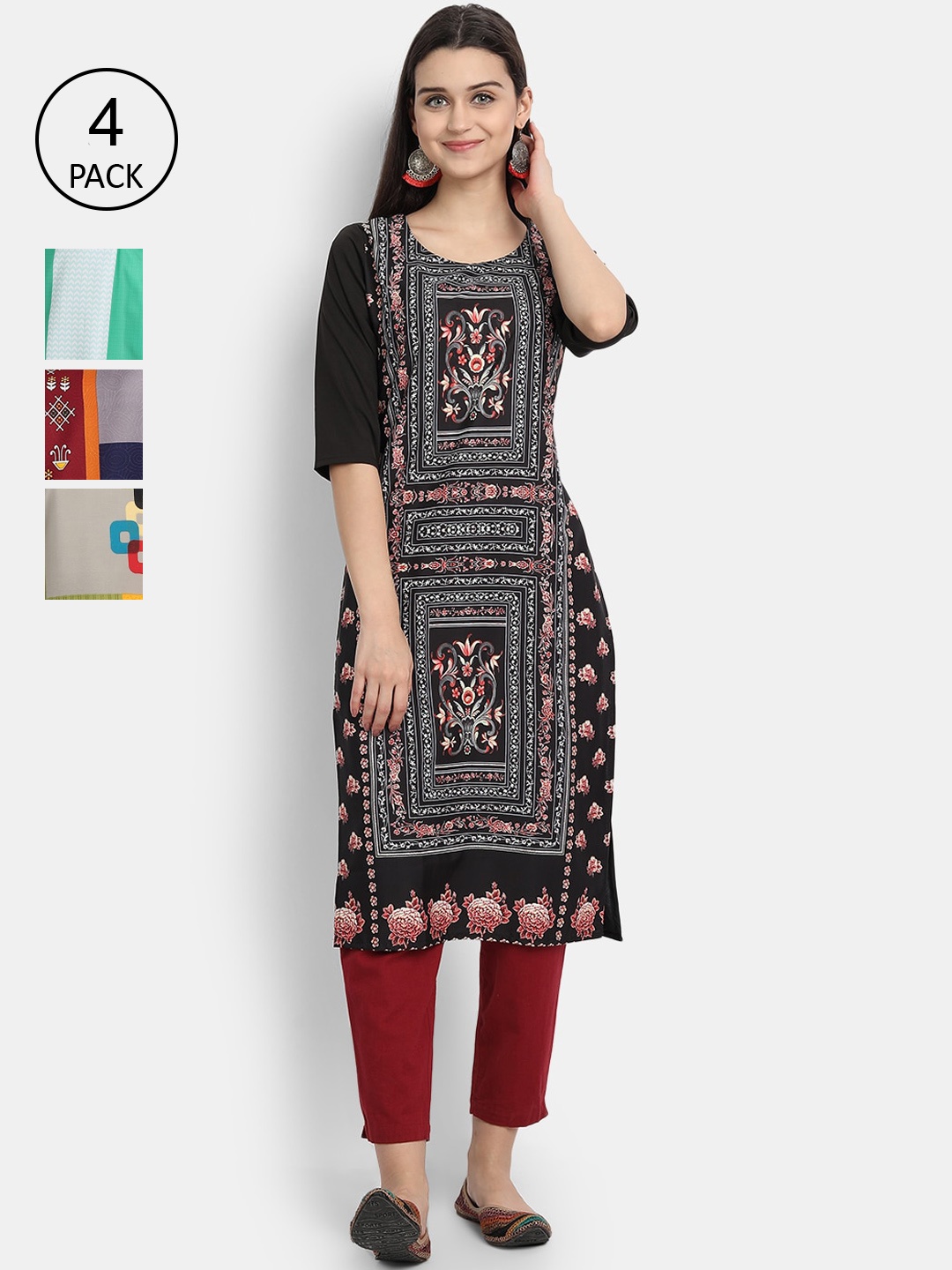

7Threads Women Pack Of 4 Kurtas, Black