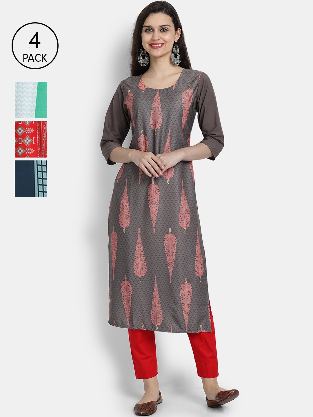 

7Threads Women Pack Of 4 Kurtas, Green