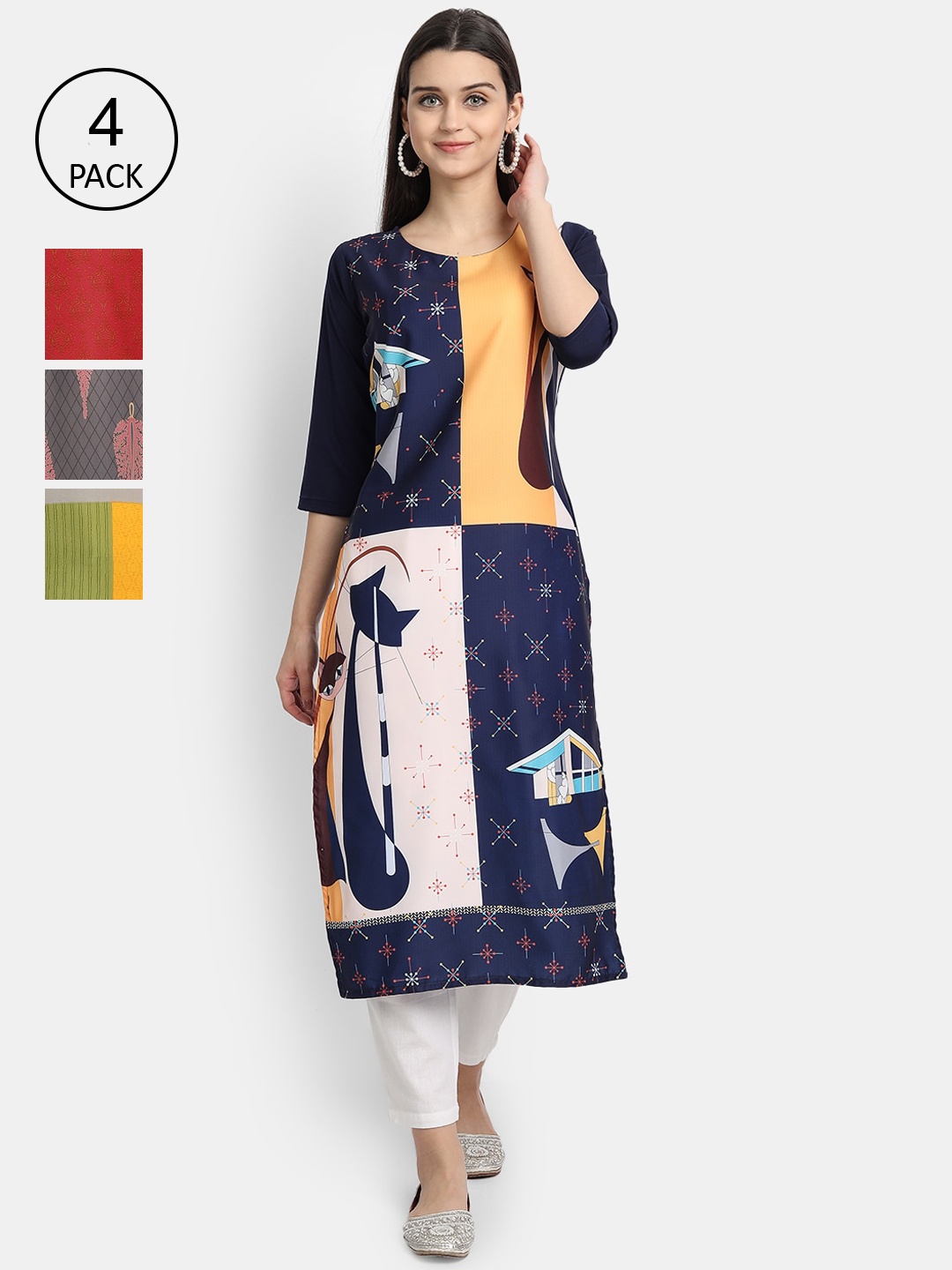 

7Threads Women Pack Of 4 Kurtas, Blue