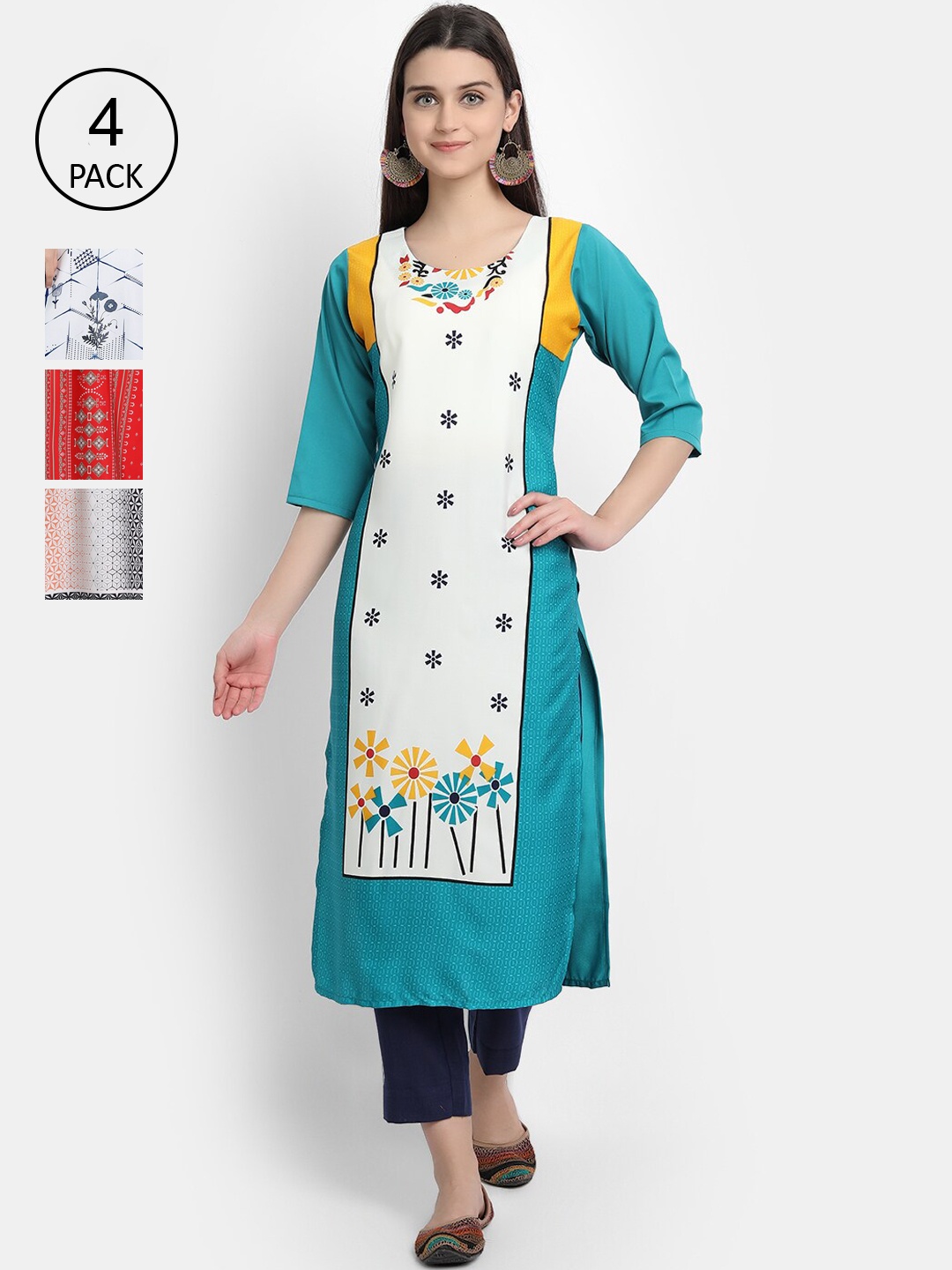 

7Threads Women Pack Of 4 Digital Print Straight Crepe Kurta, Multi