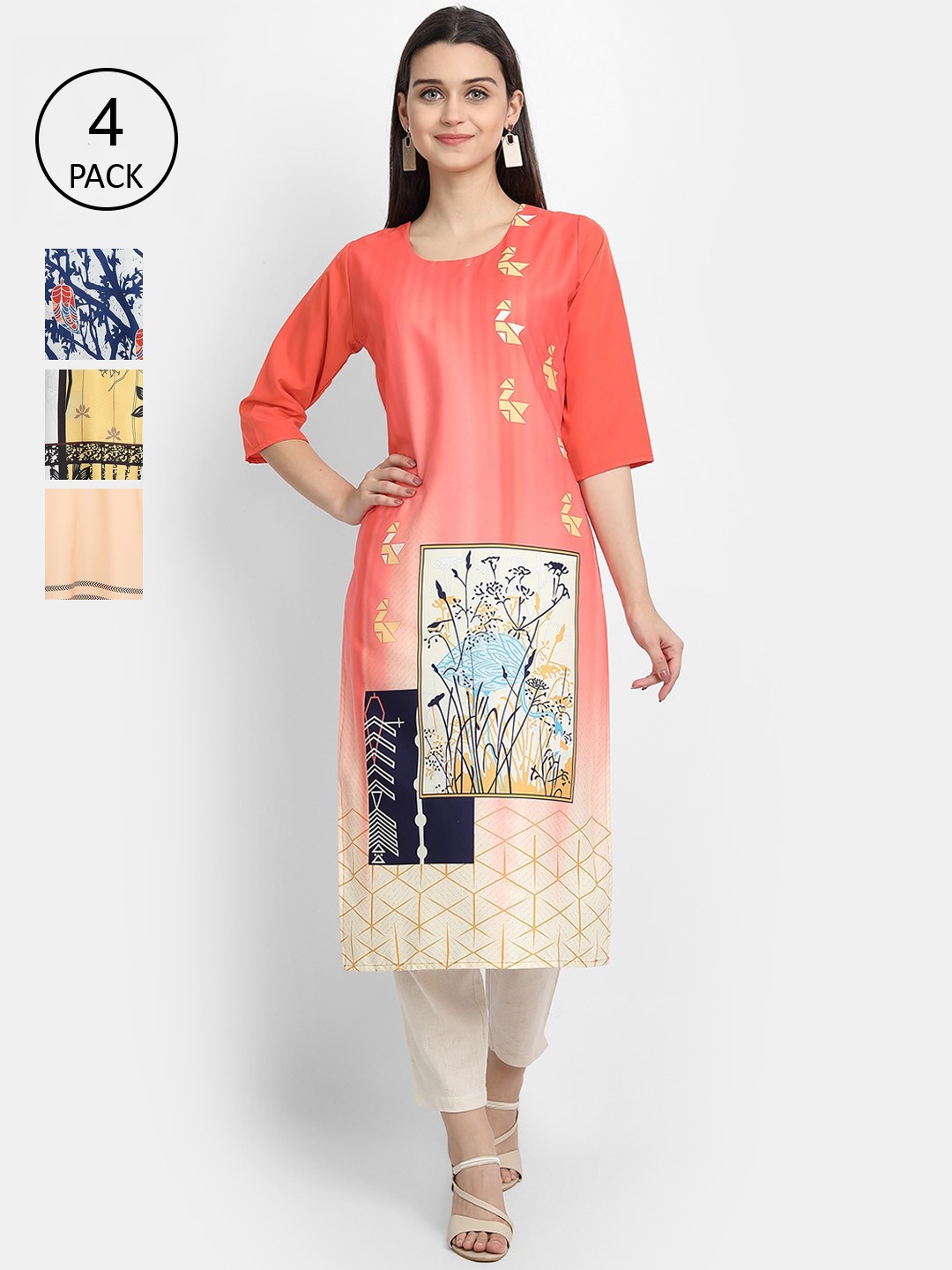 

7Threads Women Pack Of 4 Digital Print Straight Crepe Kurta, Multi