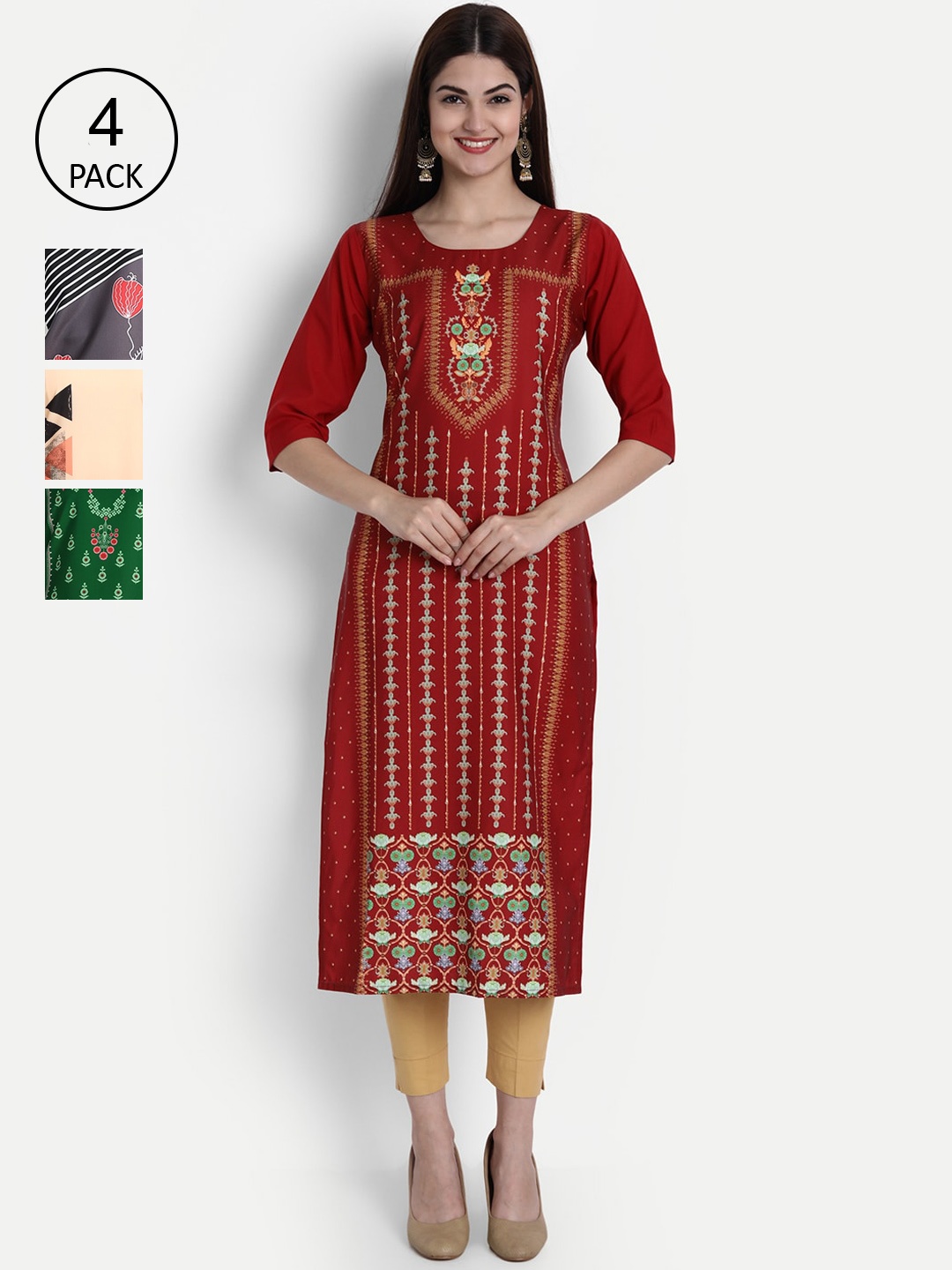 

7Threads Women Pack Of 4 Digital Print Straight Crepe Kurta, Multi
