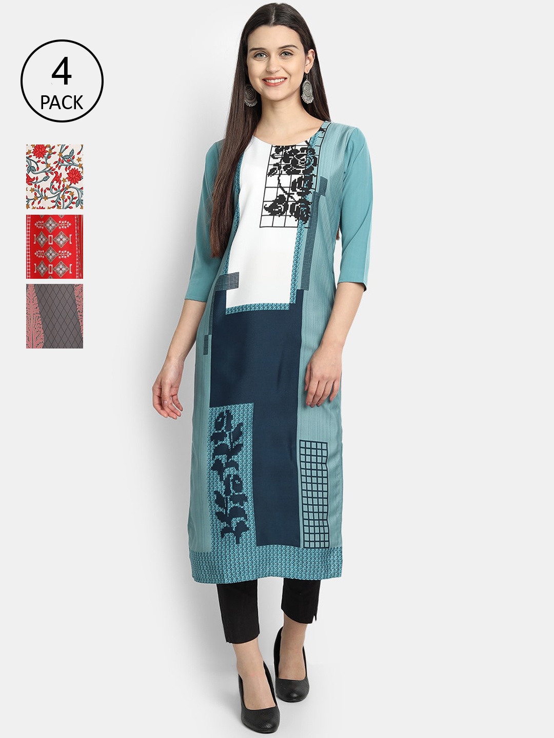 

7Threads Women Pack Of 4 Digital Print Straight Crepe Kurta, Multi