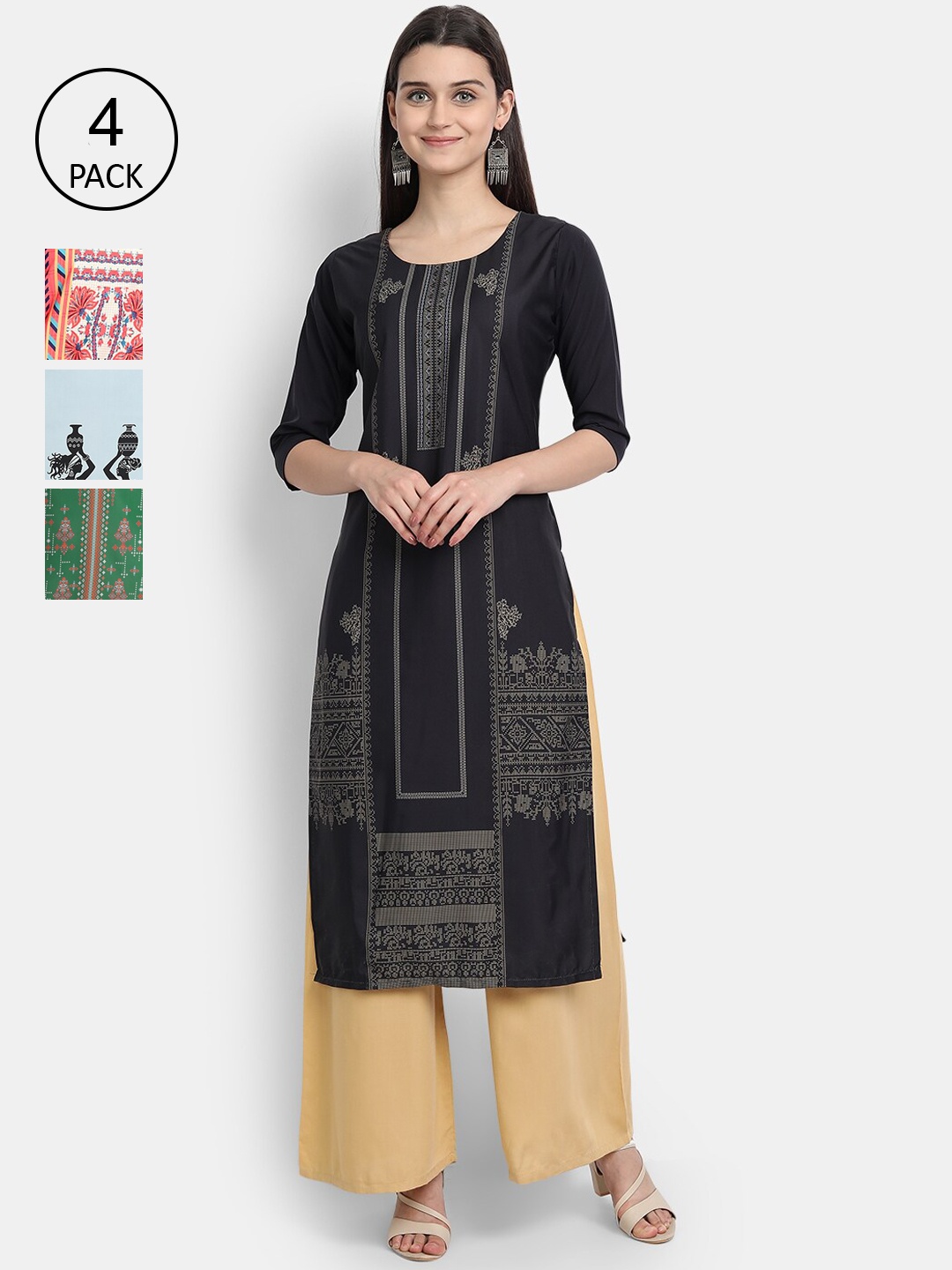 

7Threads Women Pack Of 4 Kurtas, Black