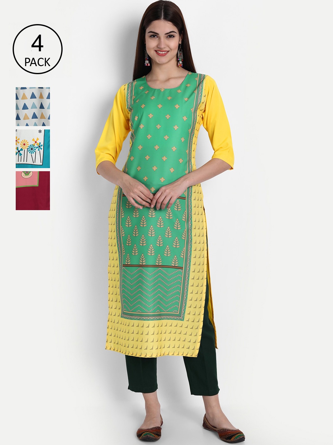 

7Threads Women Pack Of 4 Kurtas, Green