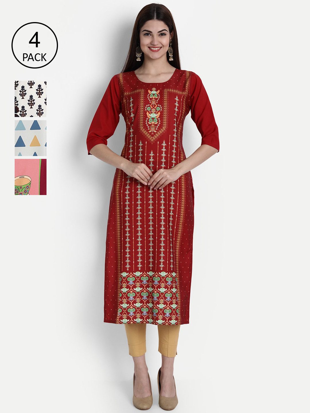 

7Threads Women Pack Of 4 Kurtas, Maroon