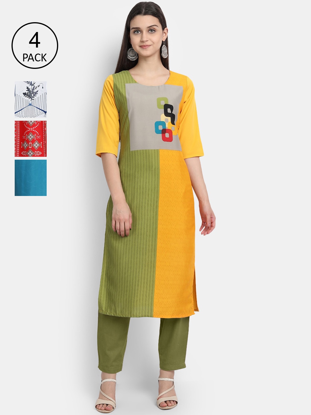 

7Threads Women Pack Of 4 Kurtas, Green