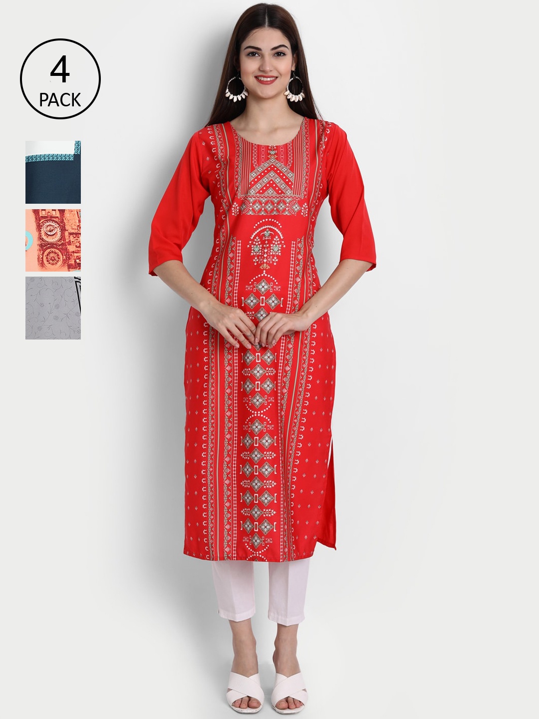 

7Threads Women Pack Of 4 Kurtas, Red