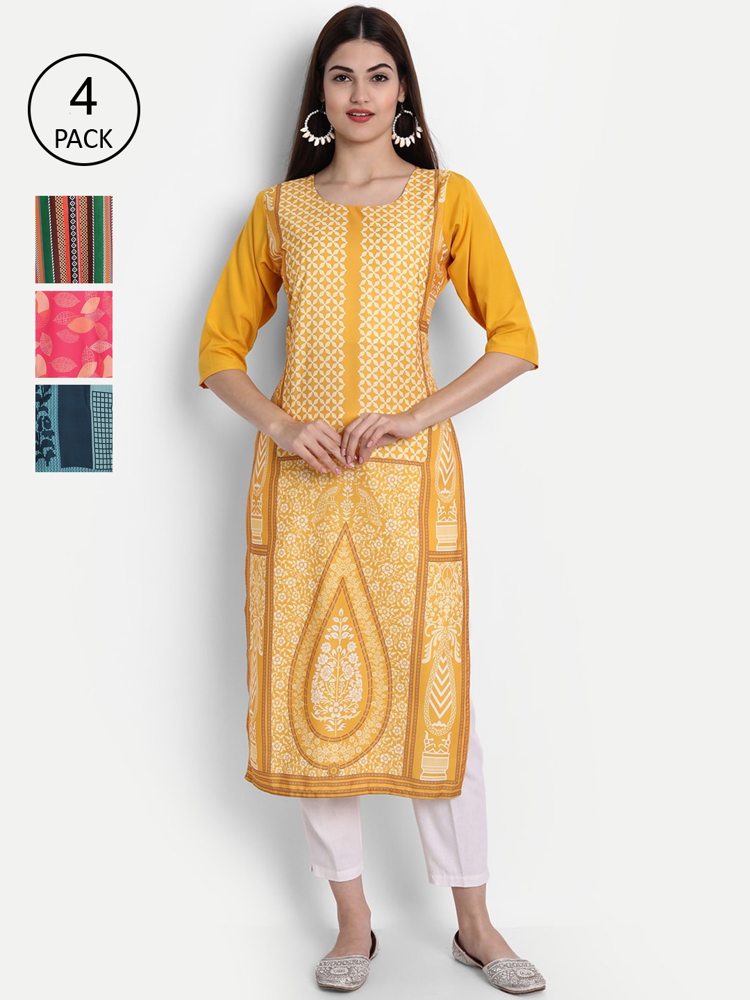 

7Threads Women Pack Of 4 Kurtas, Yellow