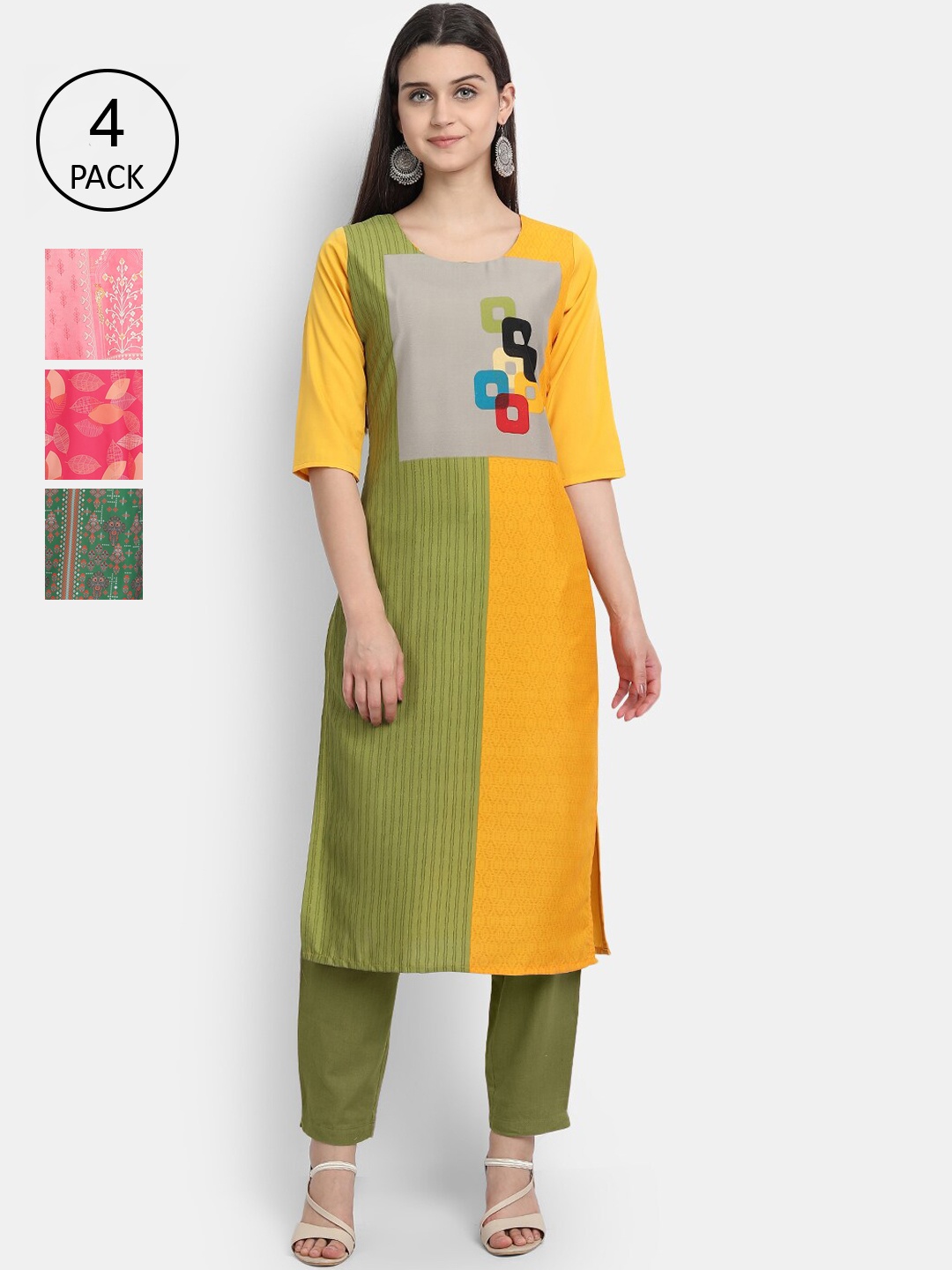 

7Threads Women Pack Of 4 Kurtas, Green