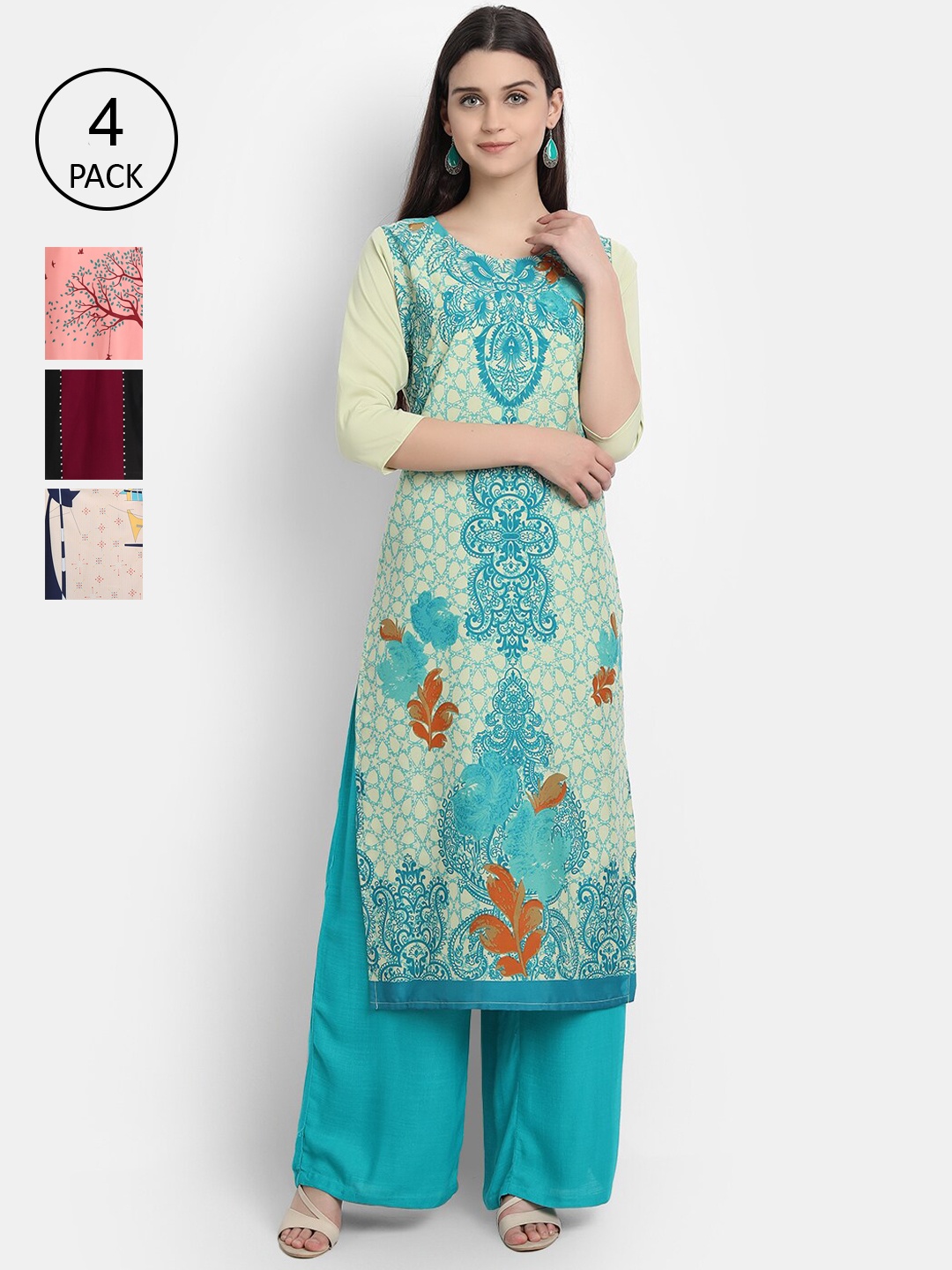 

7Threads Women Pack Of 4 Kurtas, Green