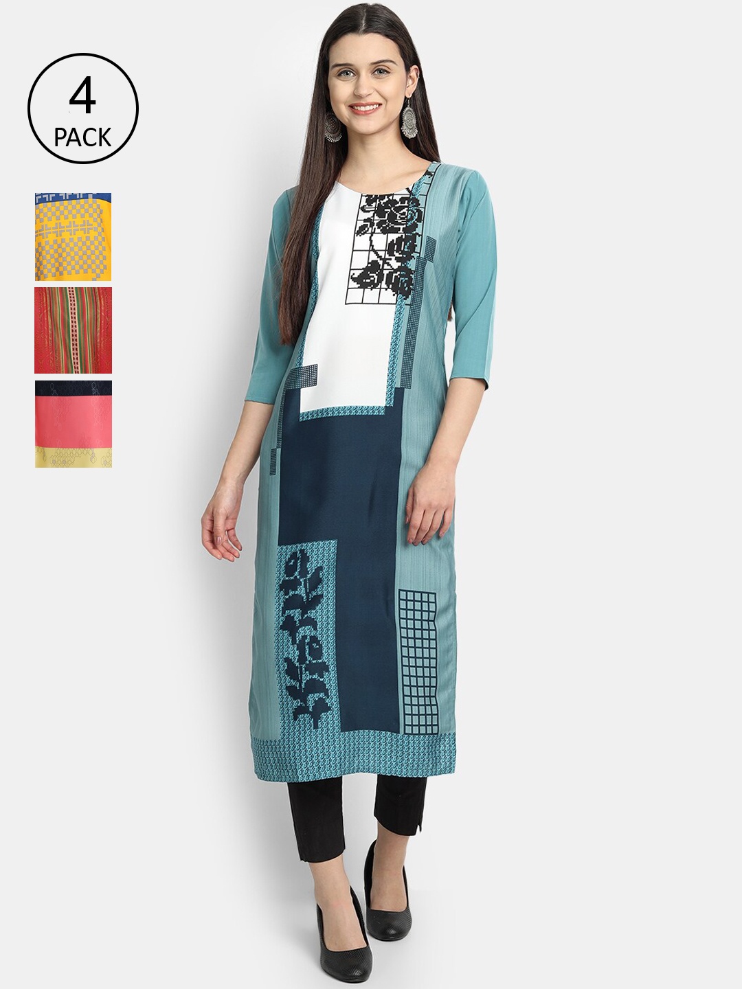 

7Threads Women Pack Of 4 Digital Print Straight Crepe Kurta, Multi