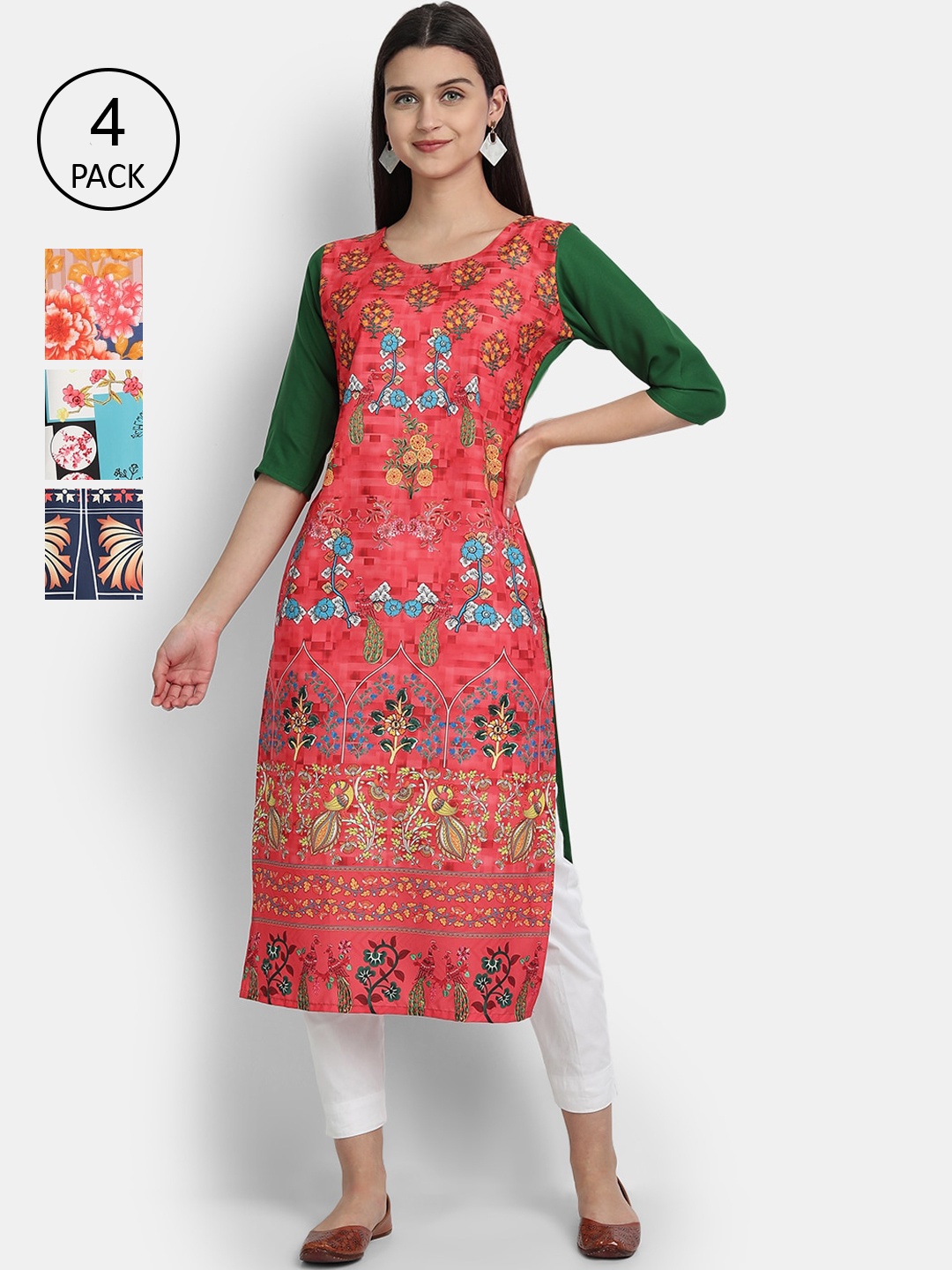 

7Threads Women Pack Of 4 Digital Print Straight Crepe Kurta, Multi