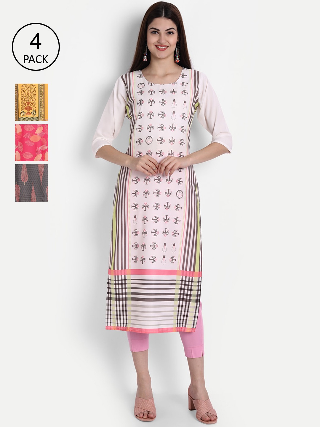 

7Threads Women Pack Of 4 Digital Print Straight Crepe Kurta, Multi