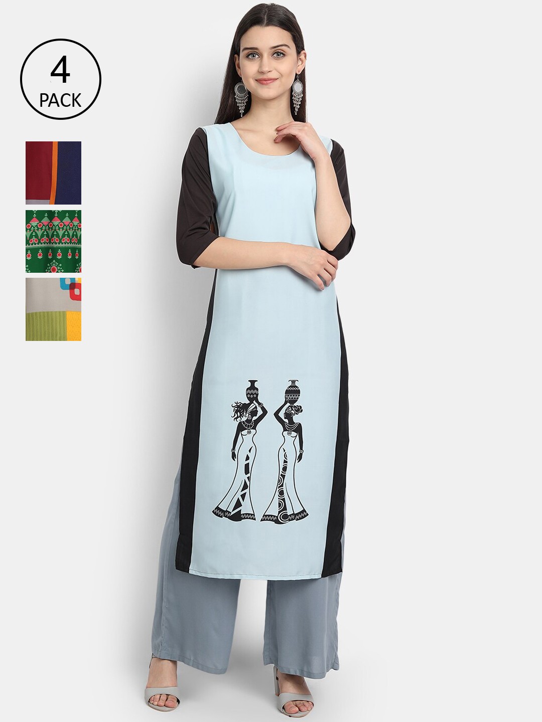 

7Threads Women Pack Of 4 Digital Print Straight Crepe Kurta, Multi