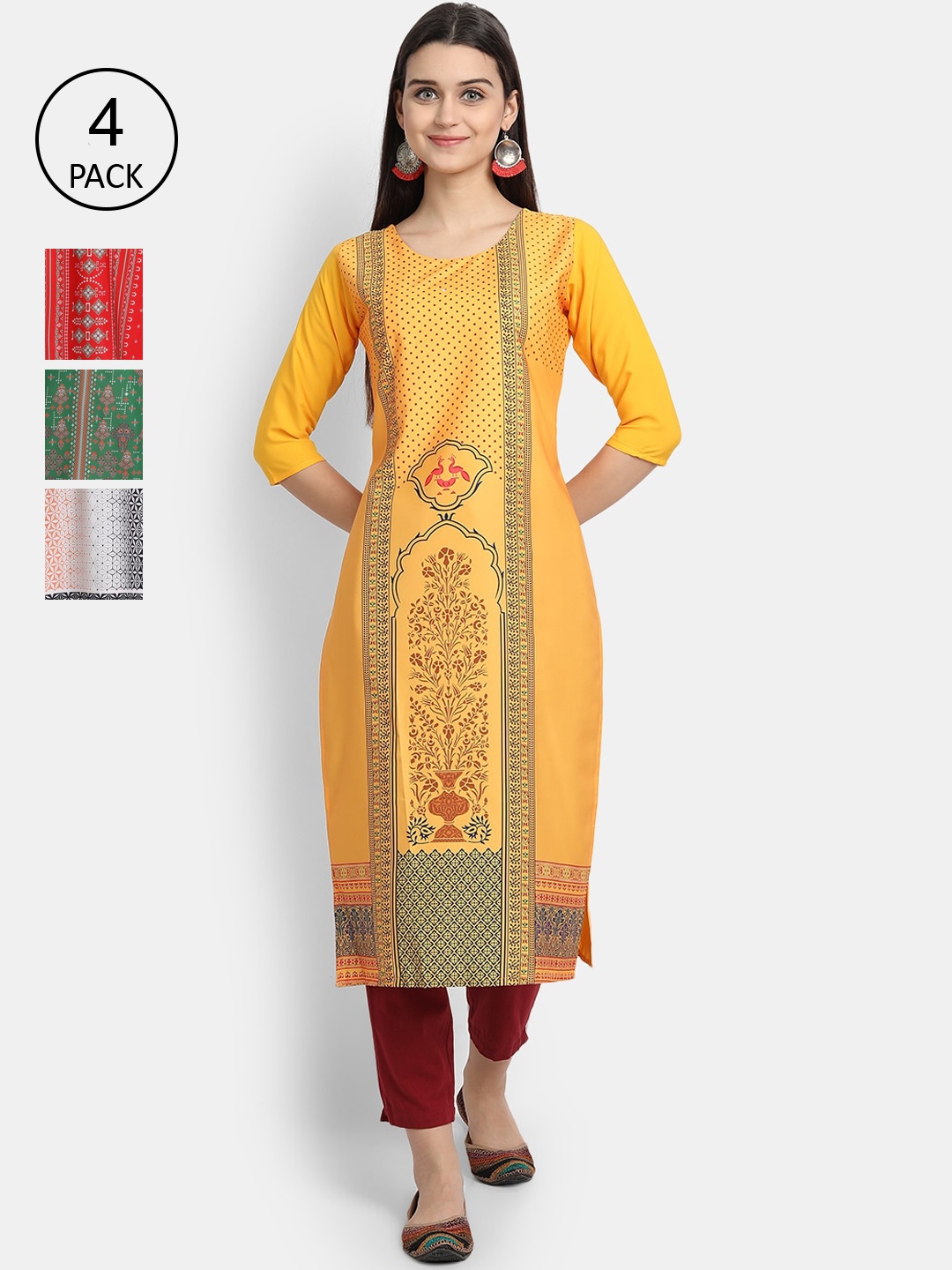 

7Threads Women Pack Of 4 Kurtas, Yellow