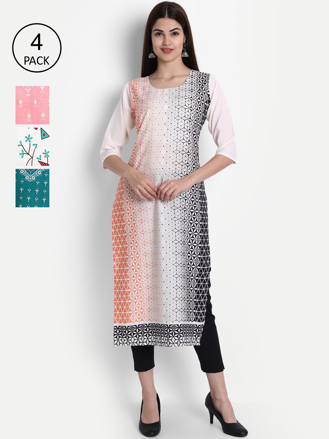 

7Threads Women Pack Of 4 Digital Print Straight Crepe Kurta, Multi