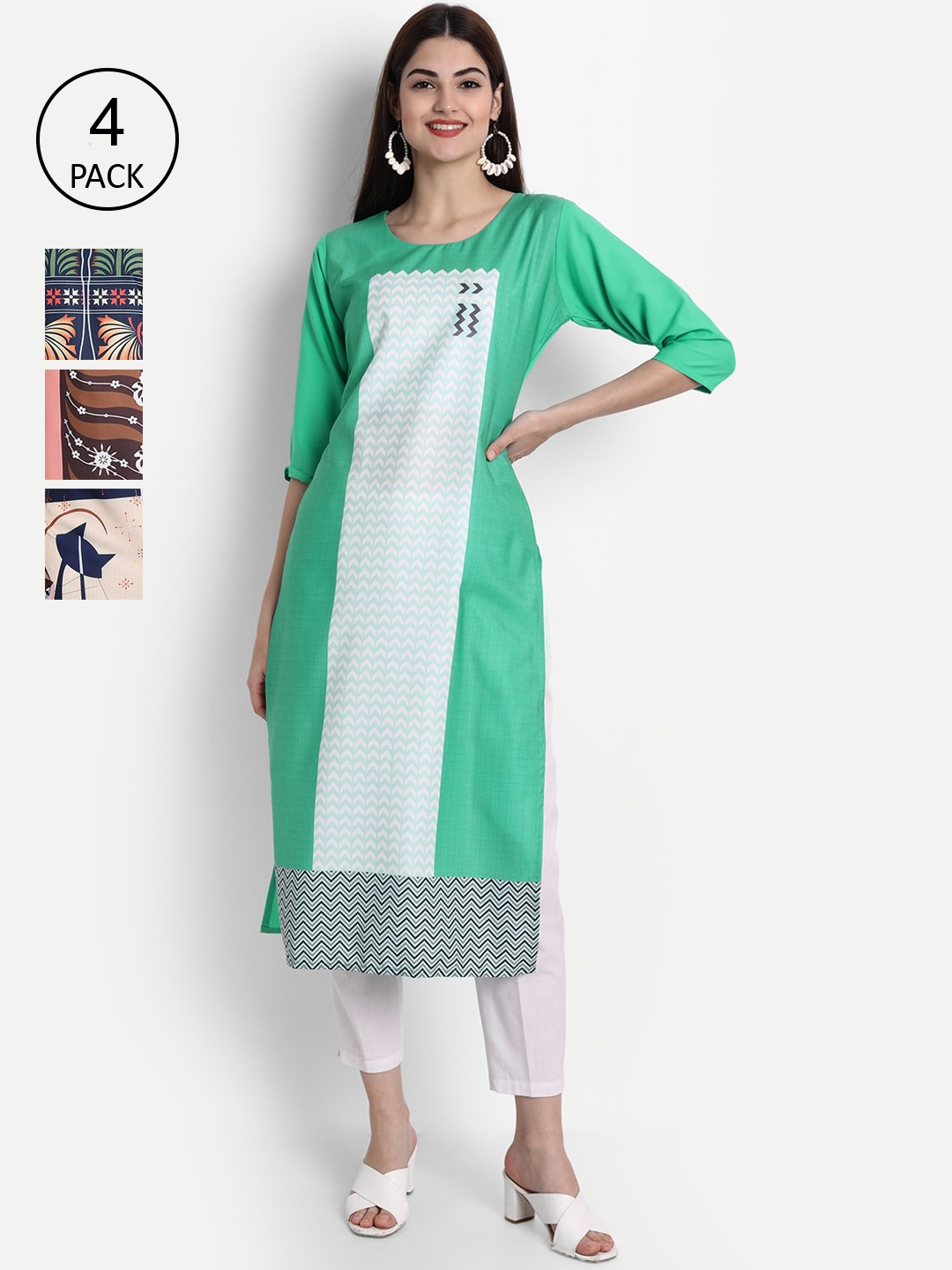 

7Threads Women Pack Of 4 Kurtas, Green