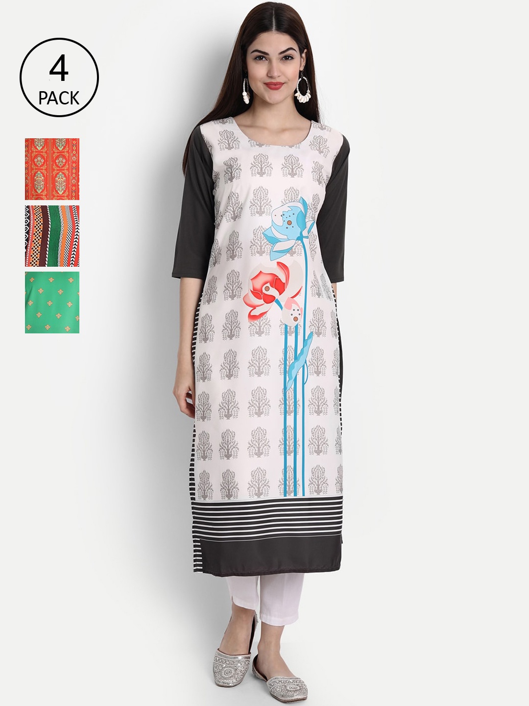 

7Threads Women Pack Of 4 Digital Print Straight Crepe Kurta, Multi