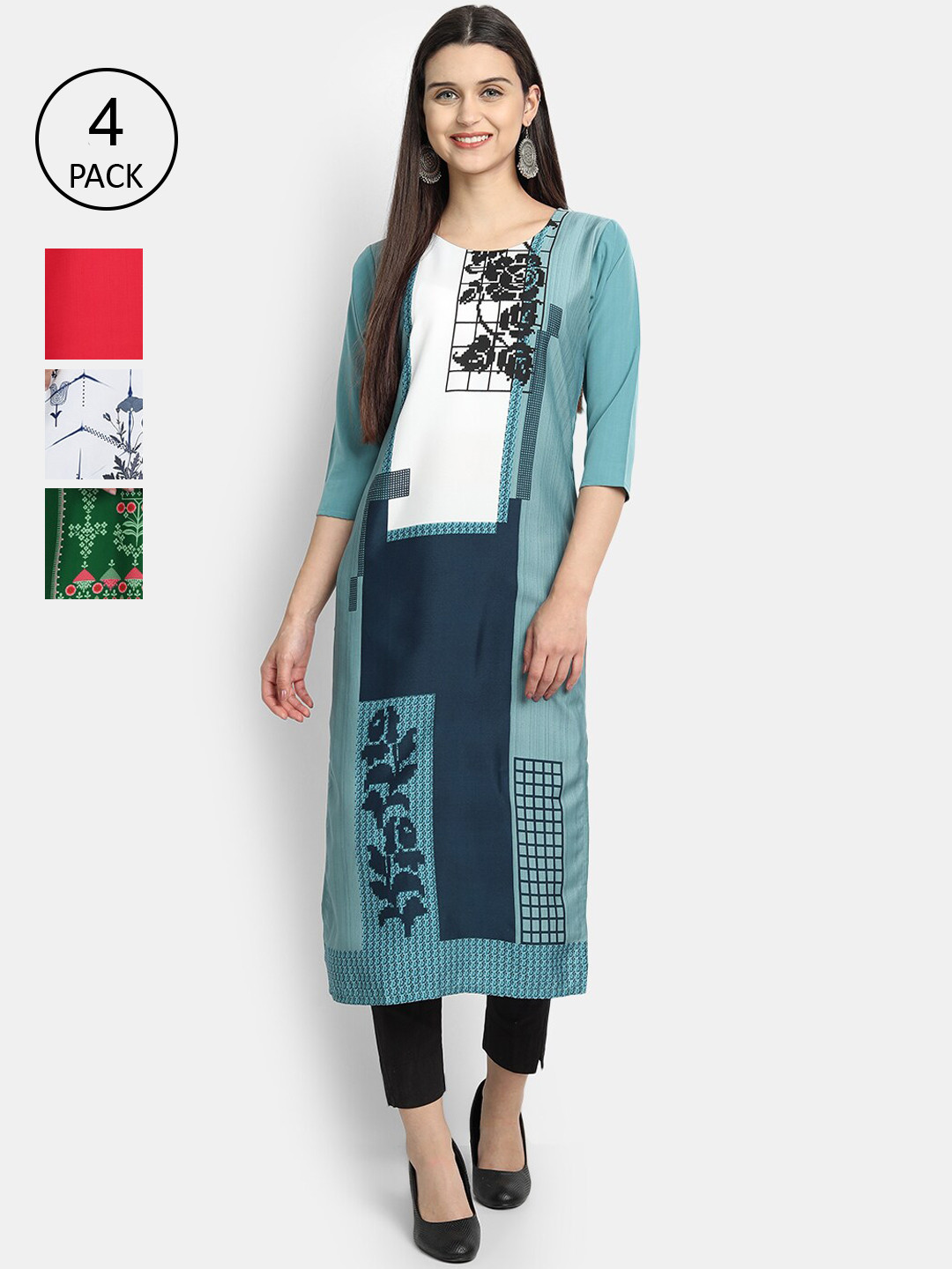 

7Threads Women Pack Of 4 Kurtas, Green