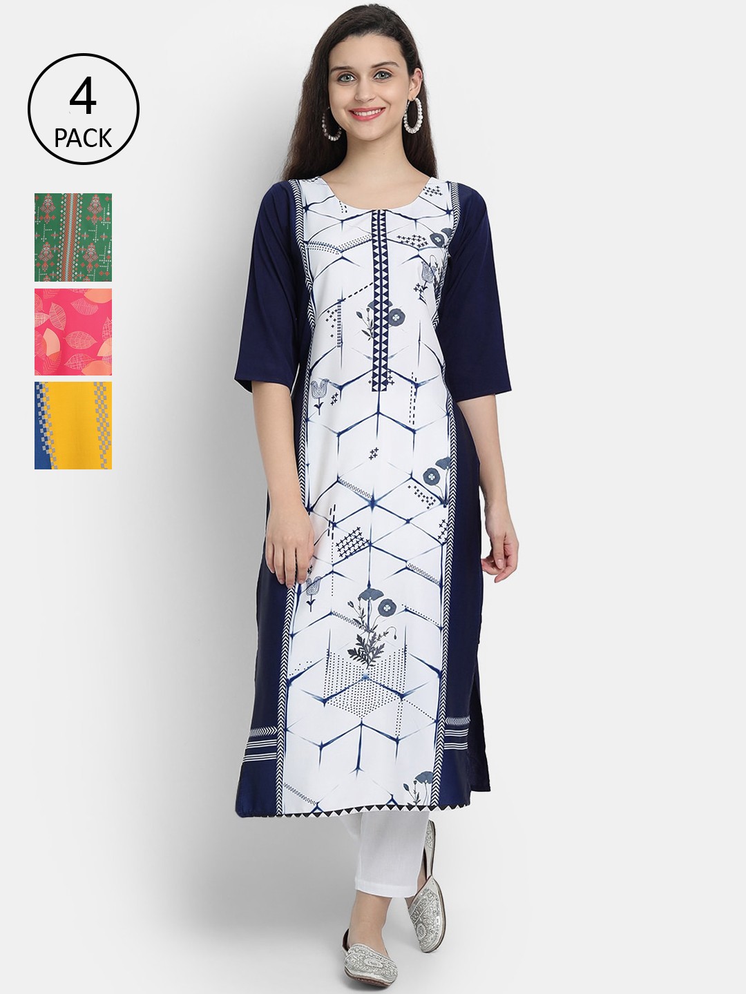 

7Threads Women Pack Of 4 Digital Print Straight Crepe Kurta, Multi