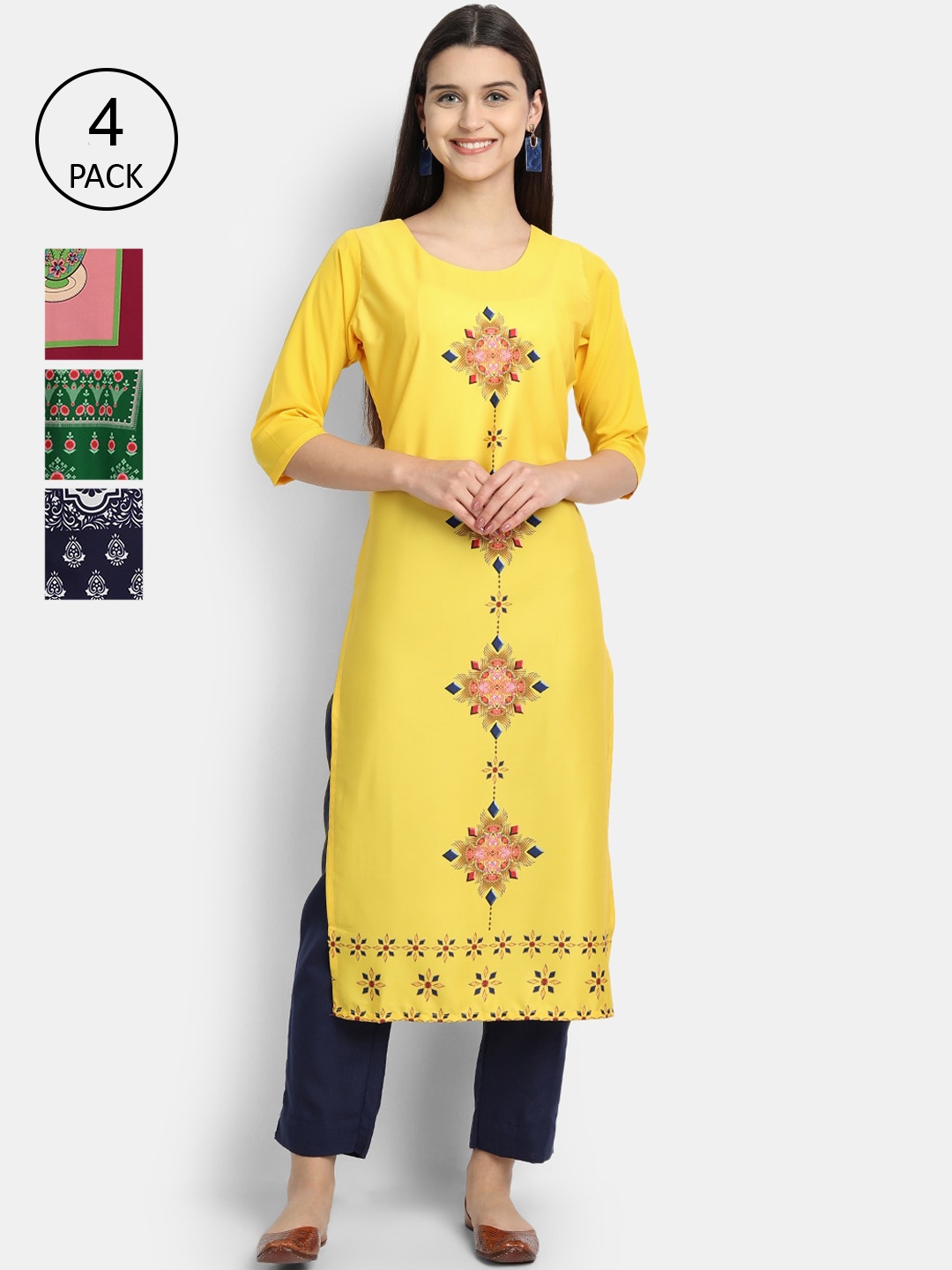 

7Threads Women Pack Of 4 Digital Print Straight Crepe Kurta, Multi