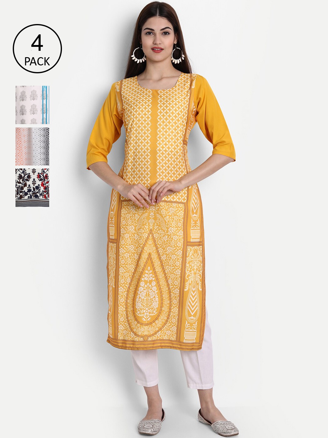 

7Threads Women Pack Of 4 Kurtas, Yellow