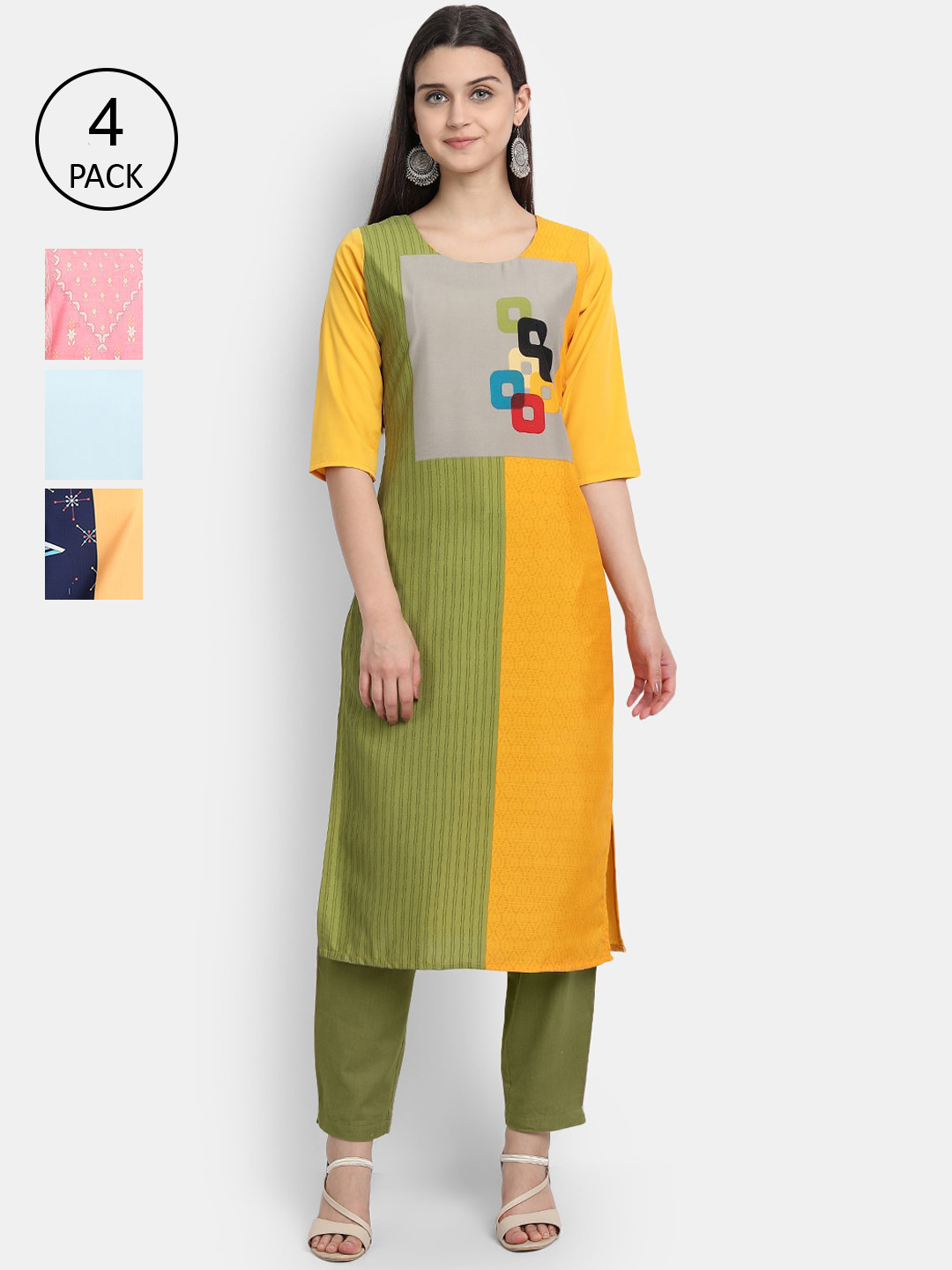 

7Threads Women Pack Of 4 Digital Print Straight Crepe Kurta, Multi