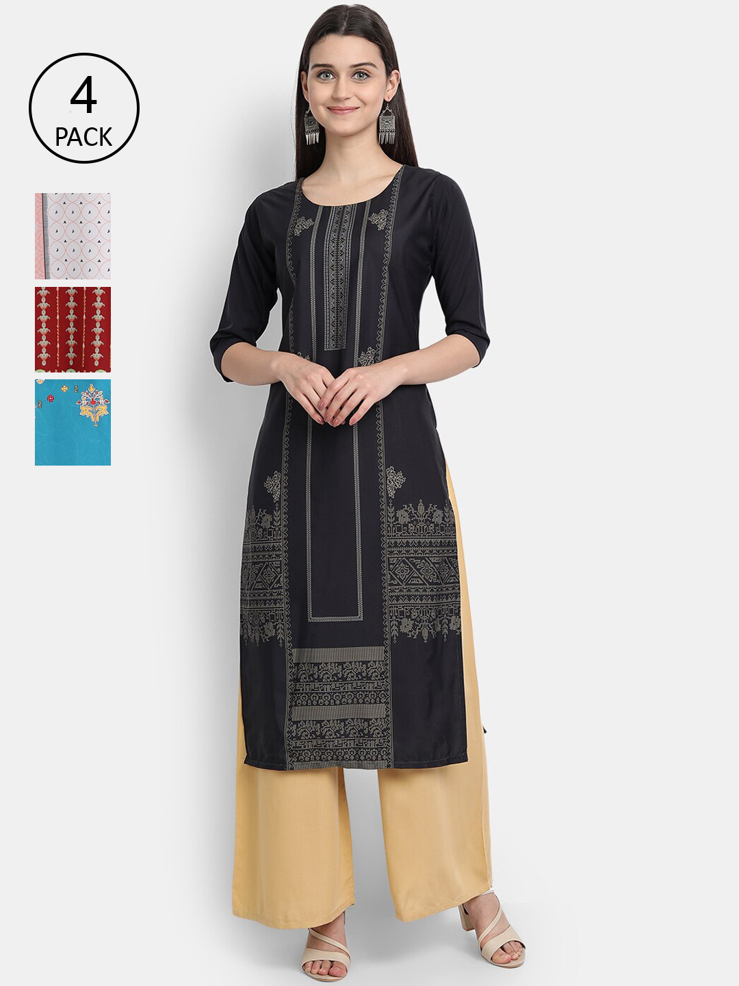 

7Threads Women Pack Of 4 Kurtas, Black