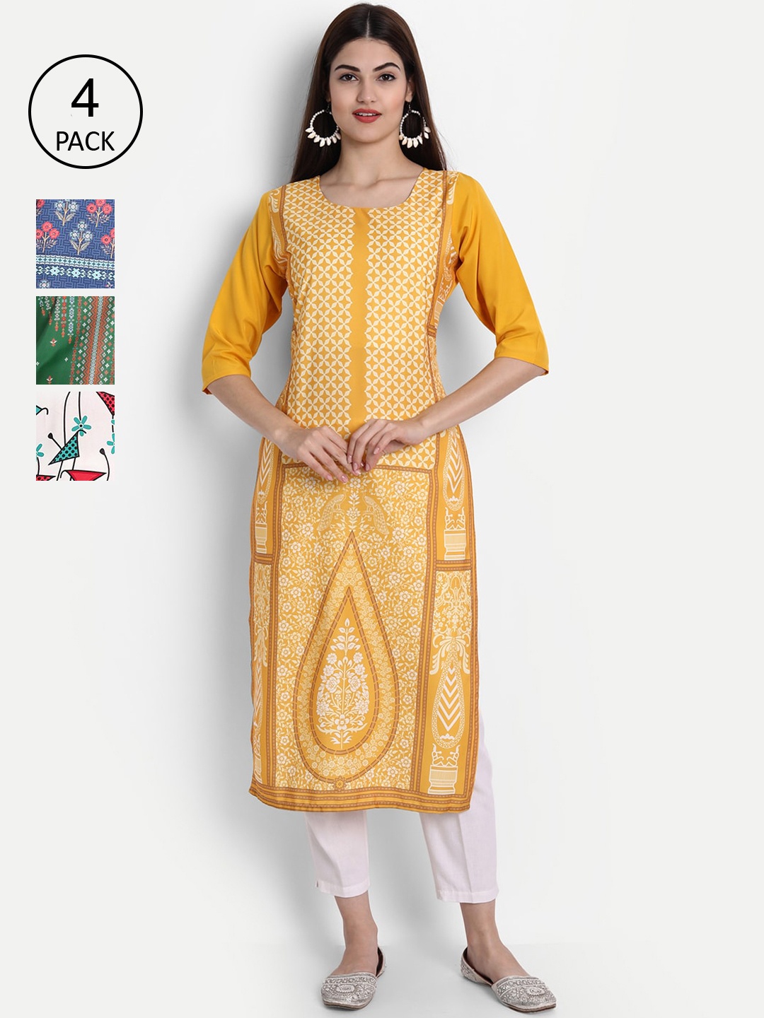 

7Threads Women Pack Of 4 Kurtas, Yellow