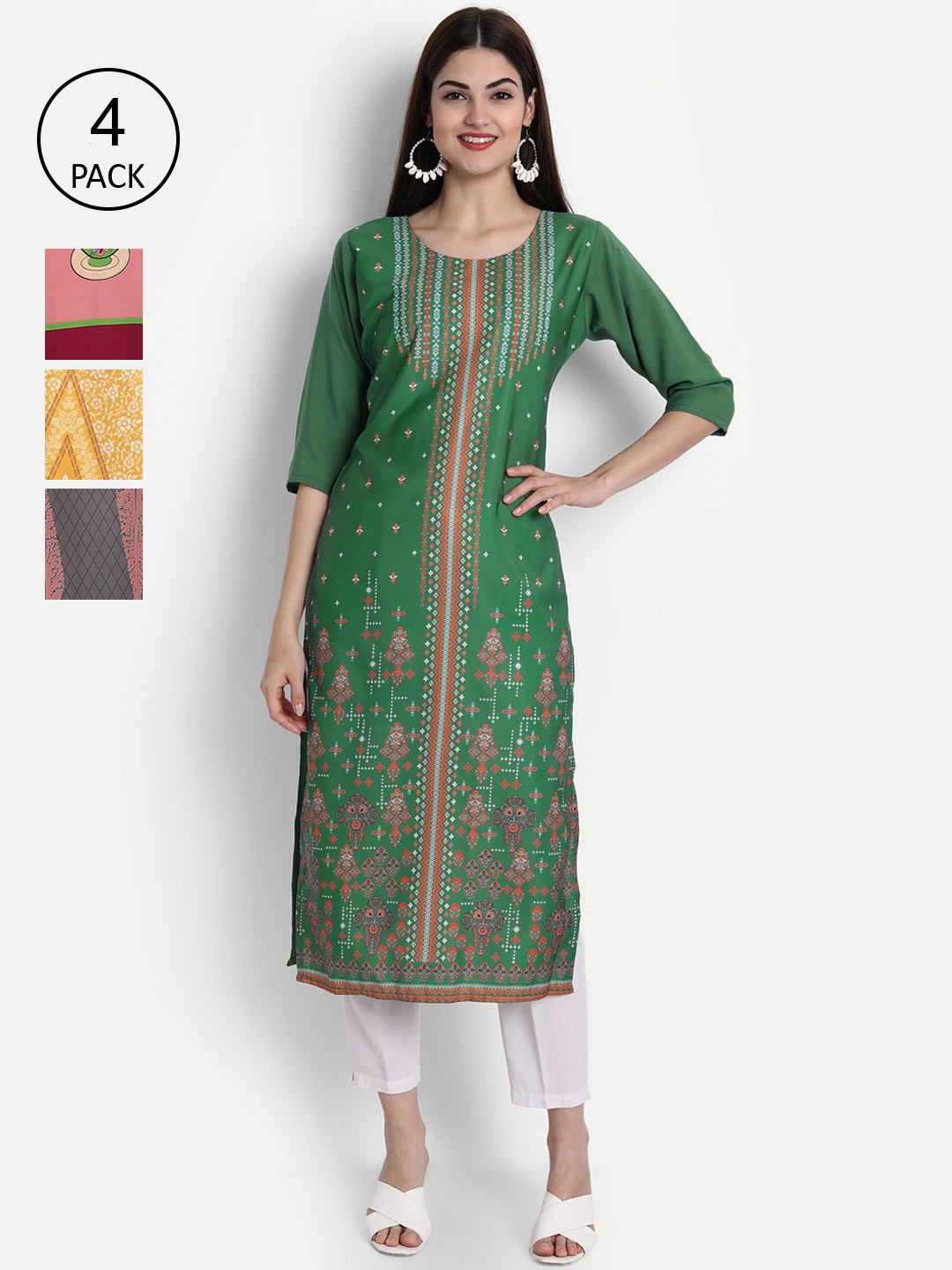 

7Threads Women Pack Of 4 Kurtas, Green