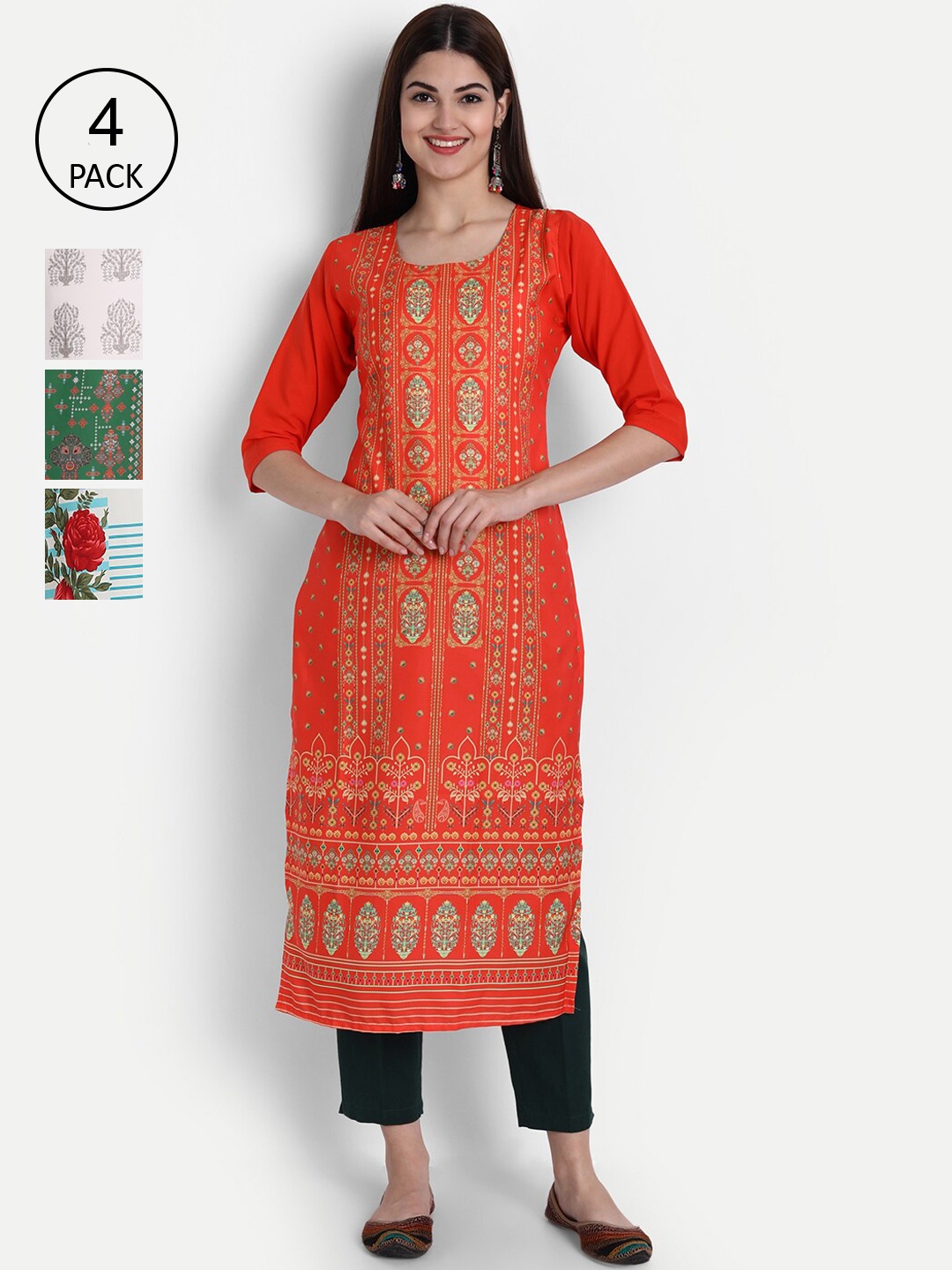 

7Threads Women Pack Of 4 Digital Print Straight Crepe Kurta, Multi