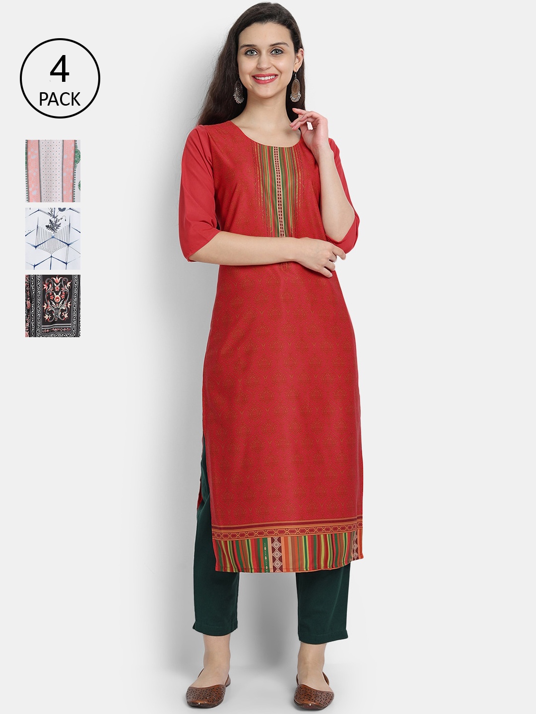 

7Threads Women Pack Of 4 Kurtas, Red