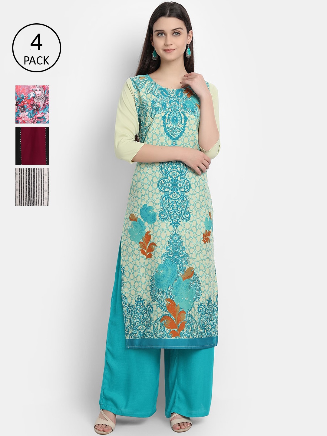 

7Threads Women Pack Of 4 Kurtas, Green