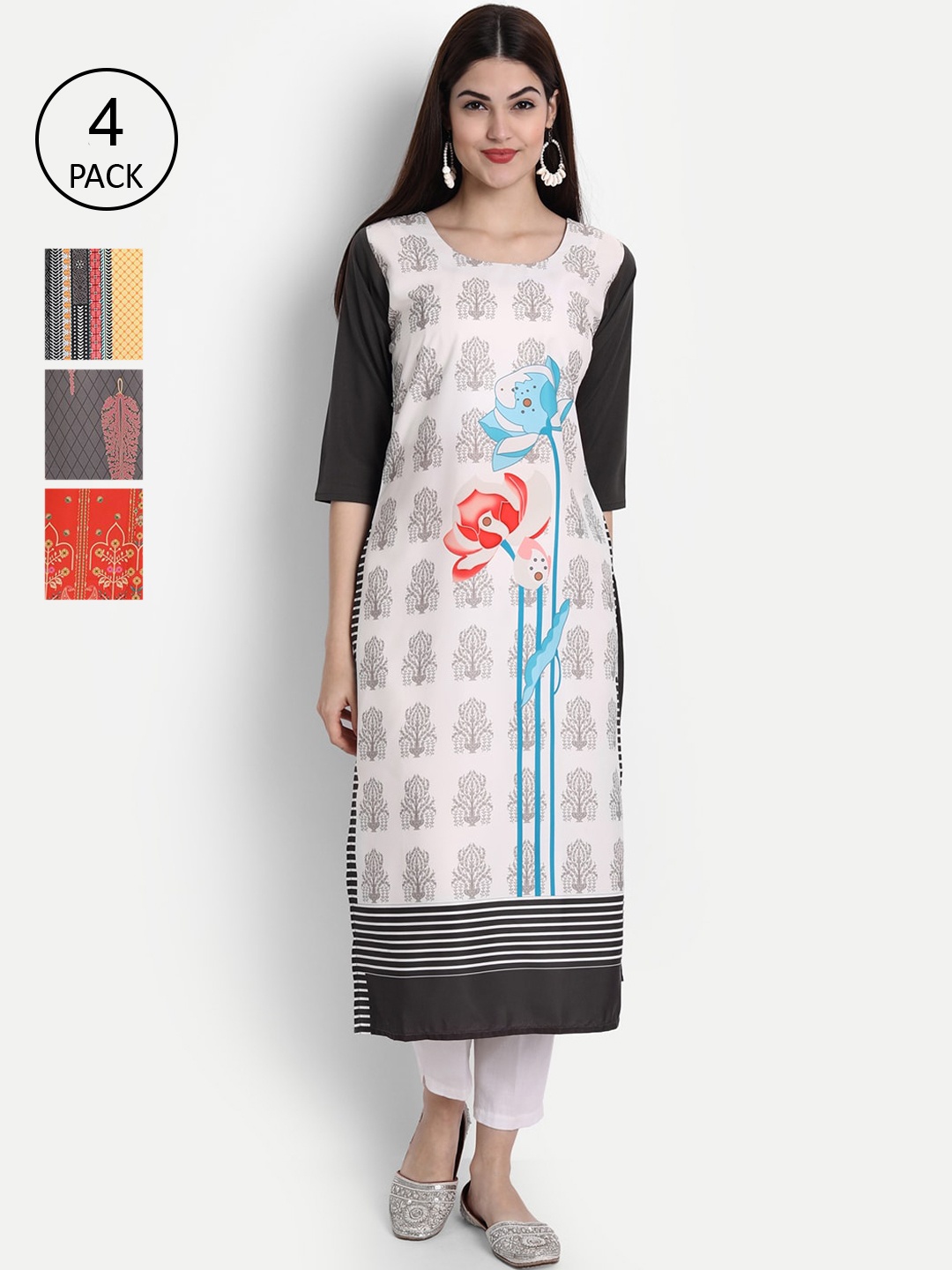

7Threads Women Pack Of 4 Digital Print Straight Crepe Kurta, Multi