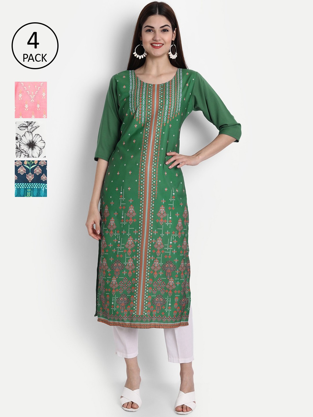 

7Threads Women Pack Of 4 Kurtas, Green