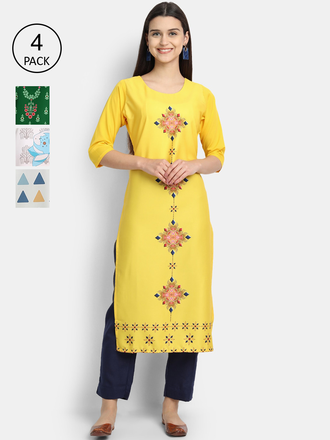 

7Threads Women Pack Of 4 Kurtas, Yellow