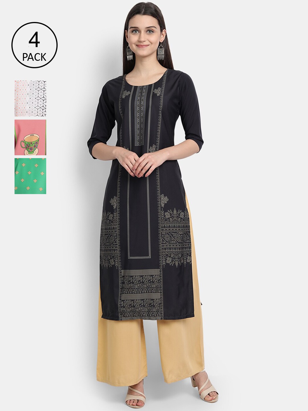 

7Threads Women Pack Of 4 Kurtas, Black