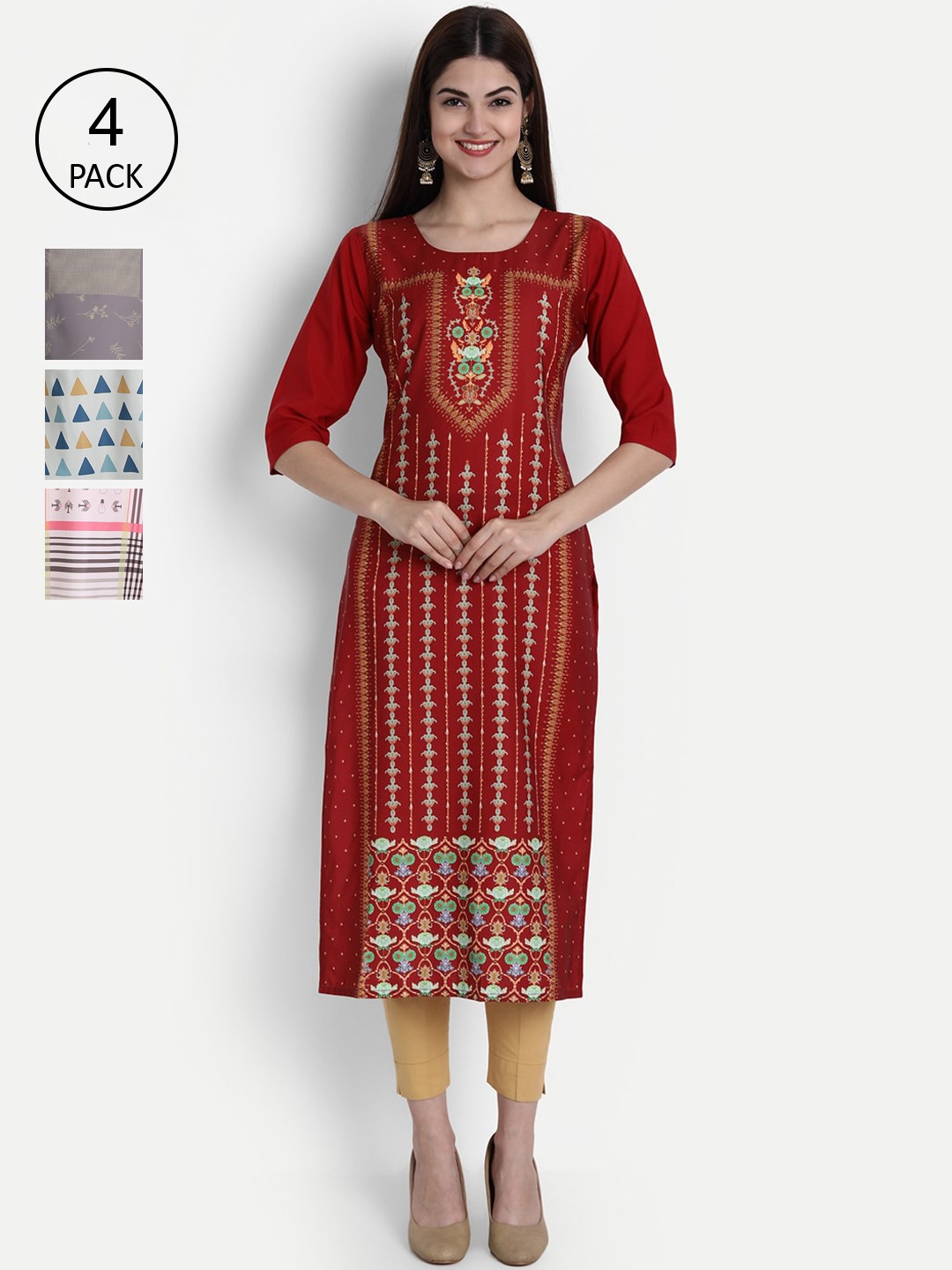 

7Threads Women Pack Of 4 Digital Print Straight Crepe Kurta, Multi