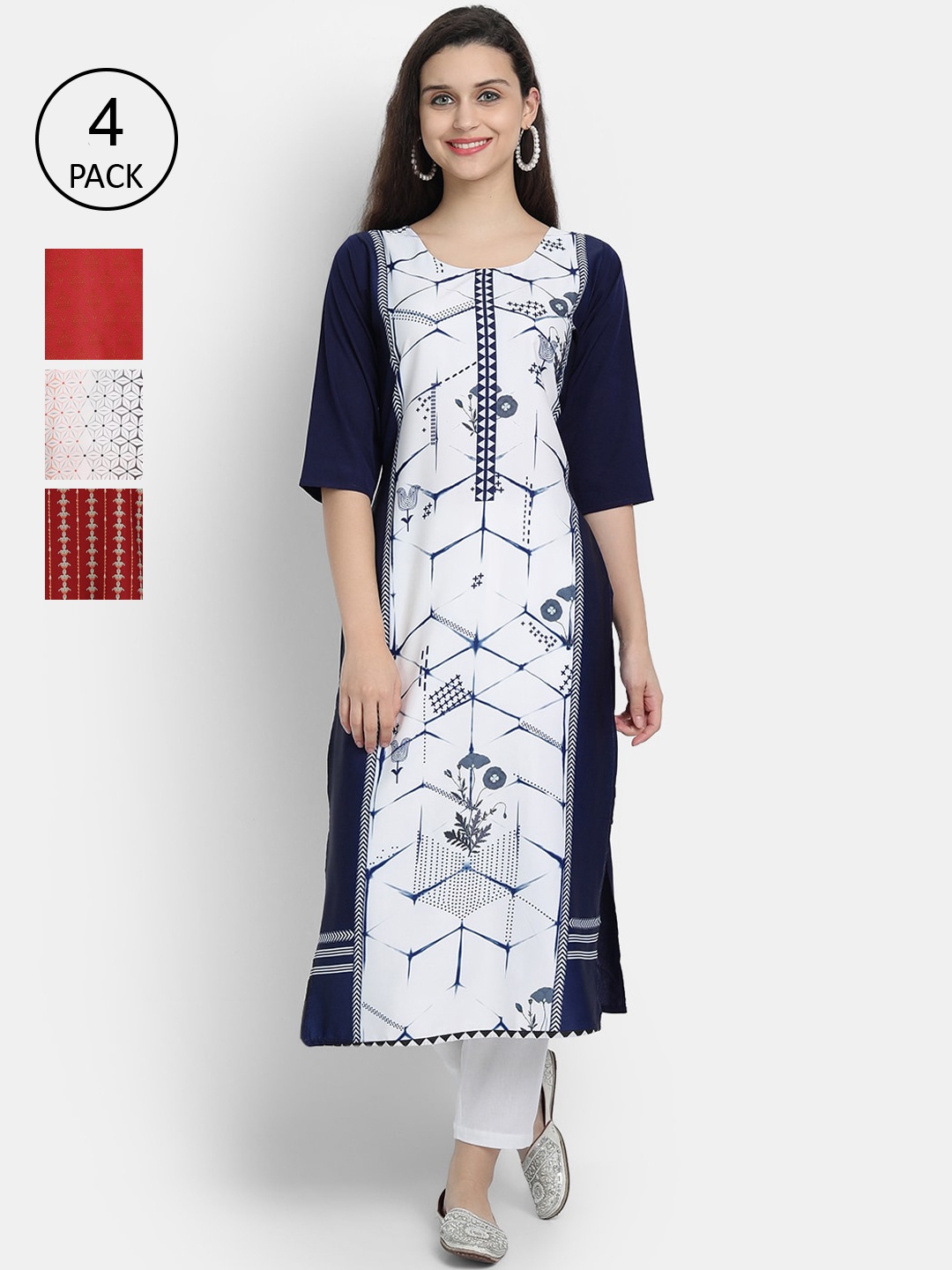 

7Threads Women Pack Of 4 Digital Print Straight Crepe Kurta, Multi