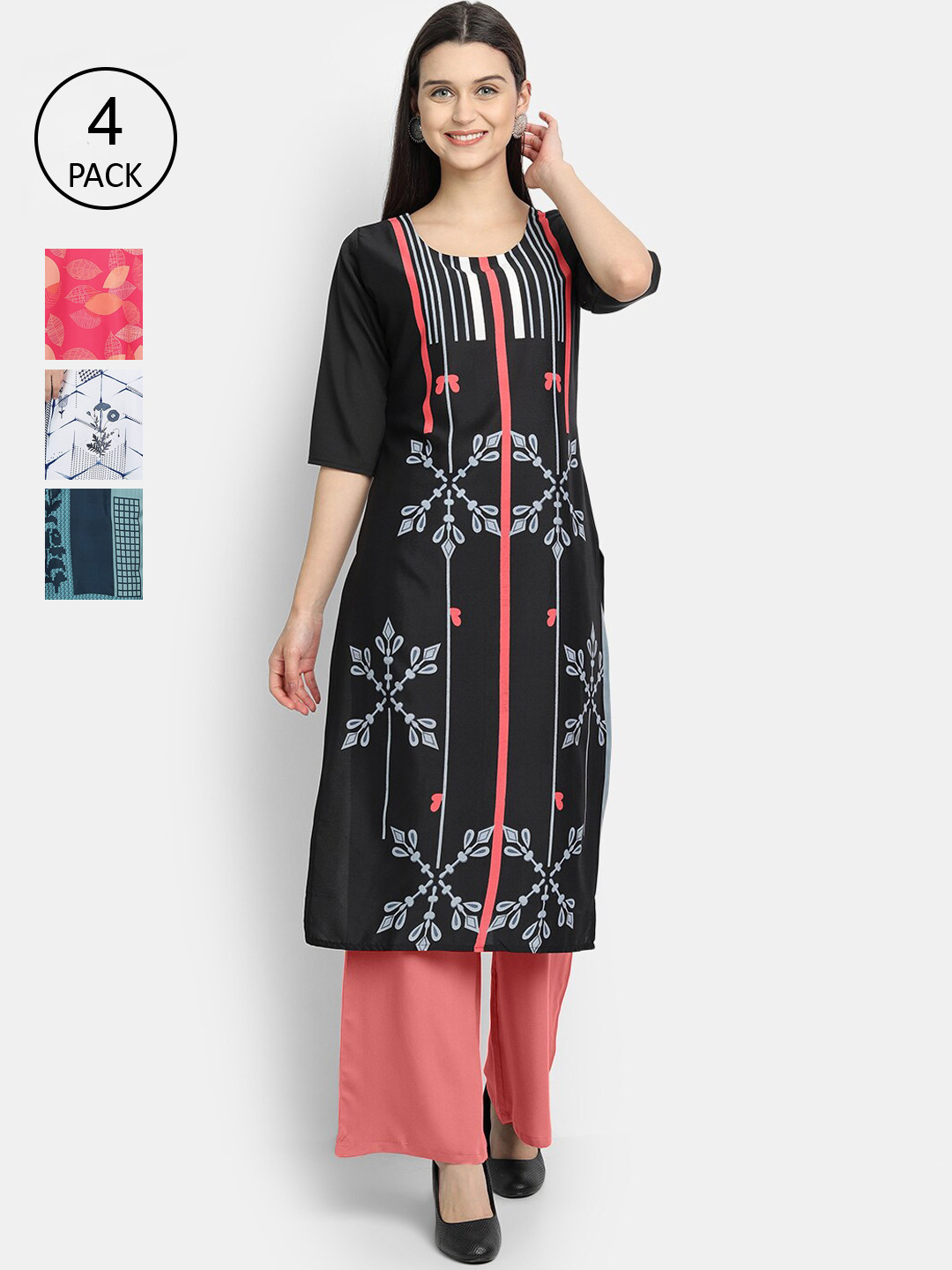 

7Threads Women Pack Of 4 Kurtas, Black