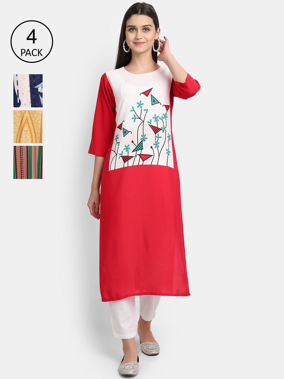 

7Threads Women Pack Of 4 Kurtas, Red
