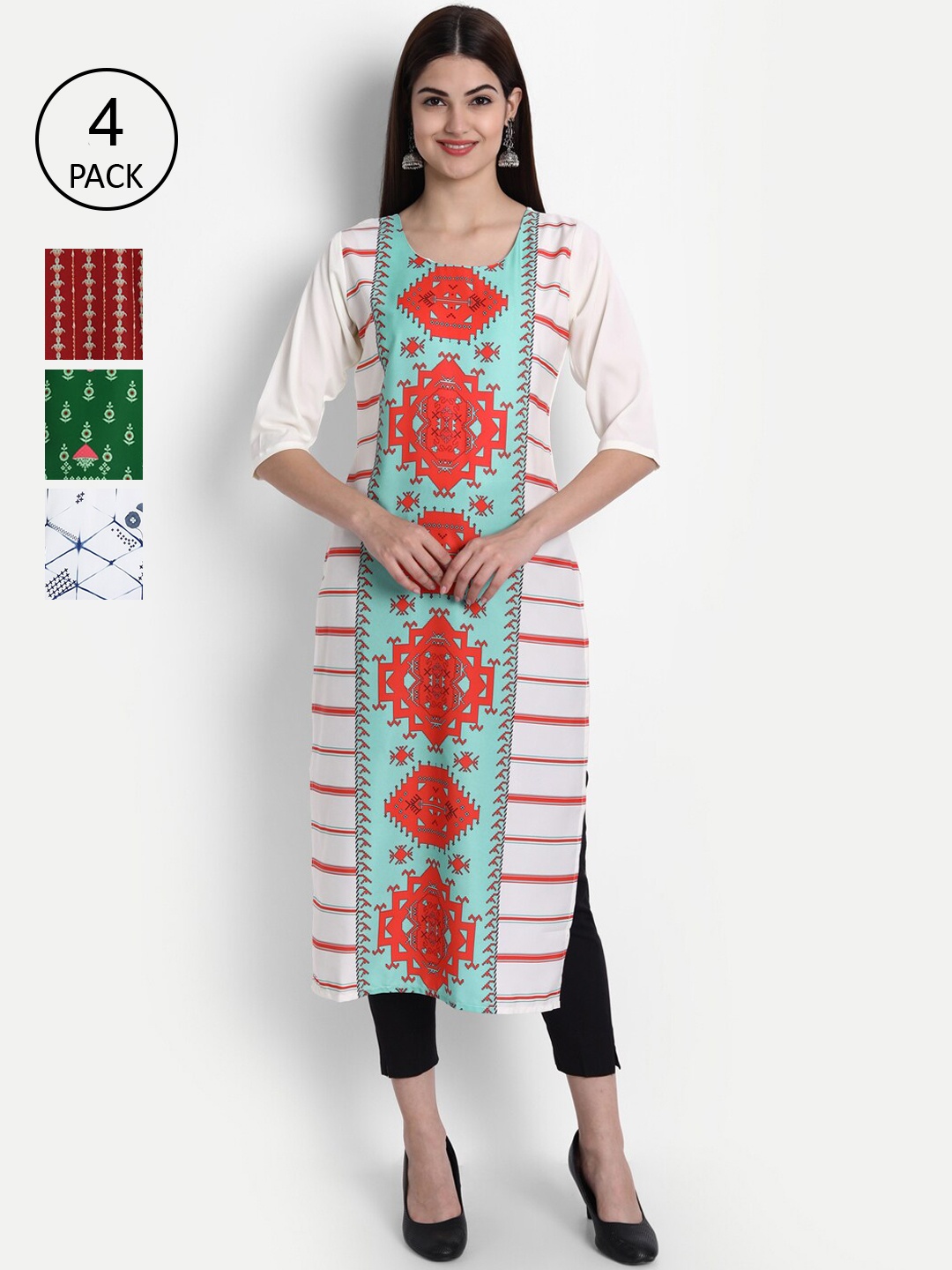 

7Threads Women Pack Of 4 Kurtas, Green