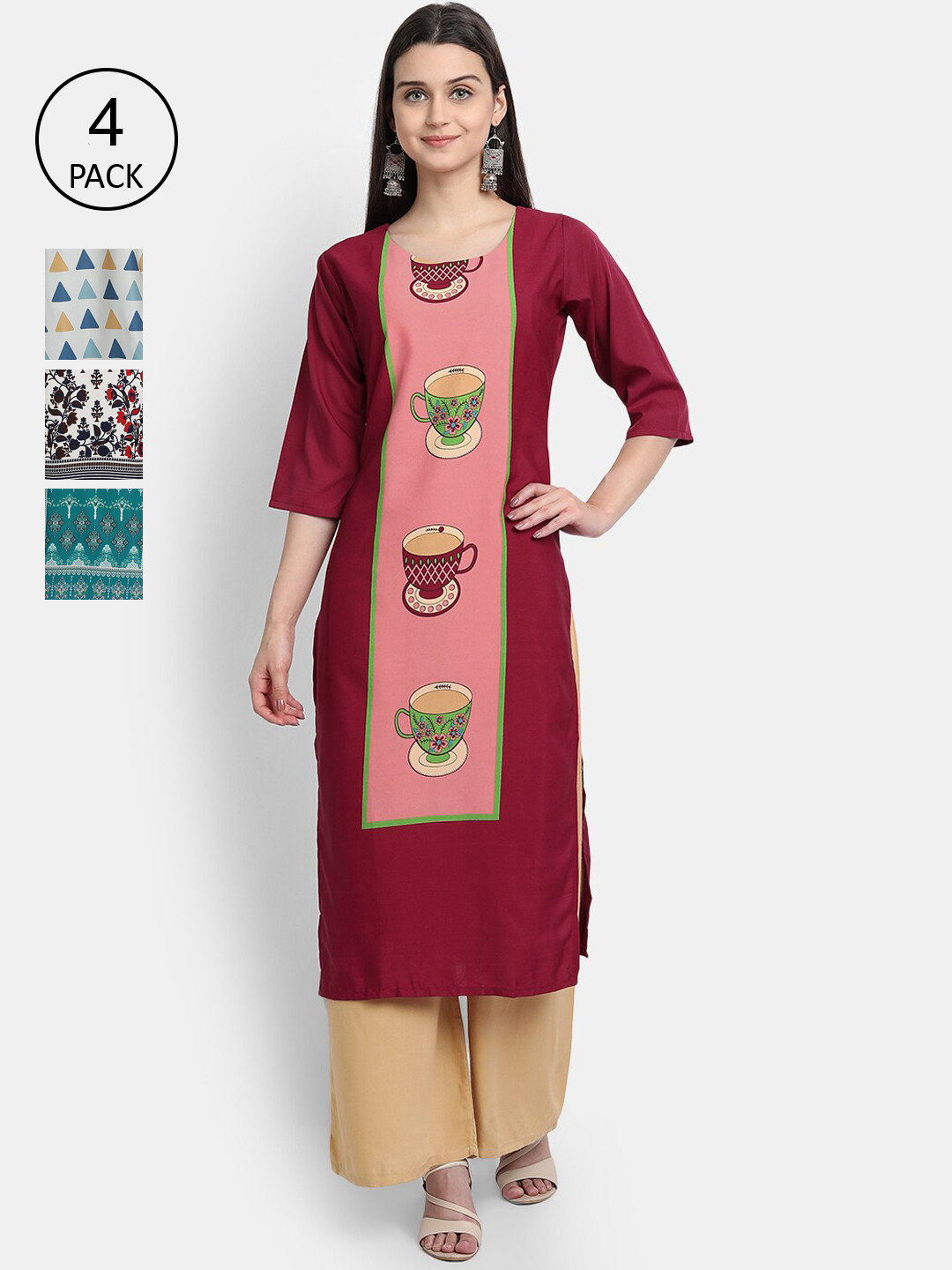 

7Threads Women Pack Of 4 Digital Print Straight Crepe Kurta, Multi